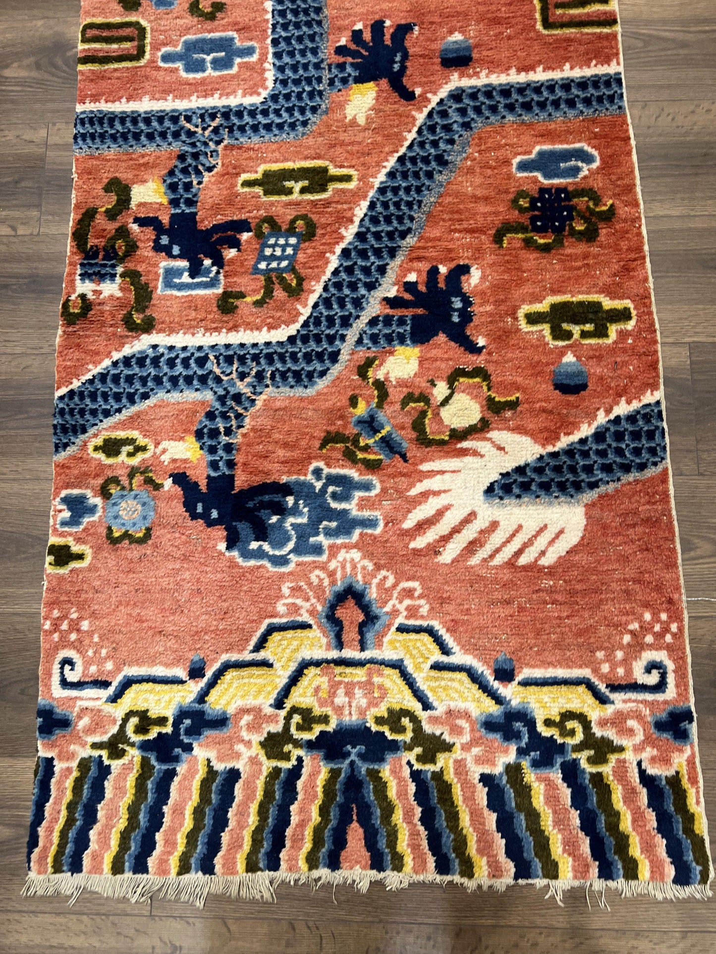 Rare Chinese Ningxia Pillar Rug 3x8, Late Qing Dynasty, 5 Clawed Dragon, Cloud Rainbow Border, Collectible Antique Carpet, Wool Hand Knotted - Nuvé