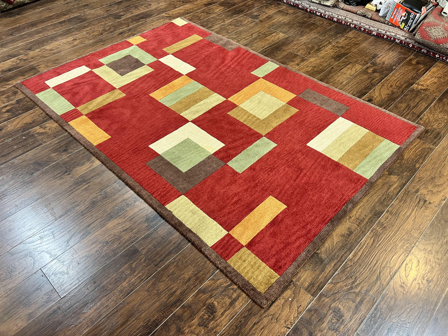 Indo Tibetan Modern Rug 5x8, Abstract Rug 5 x 8 ft, Red Multicolor Wool Handmade Contemporary Area Rug - Nuvé