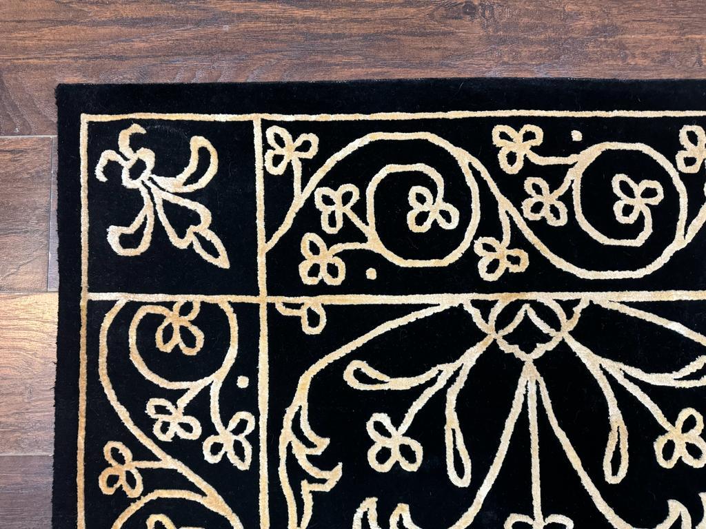 Tibetan Rug 8x10, Wool and Silk, Raised Pattern, Black and Gold, Floral - Nuvé