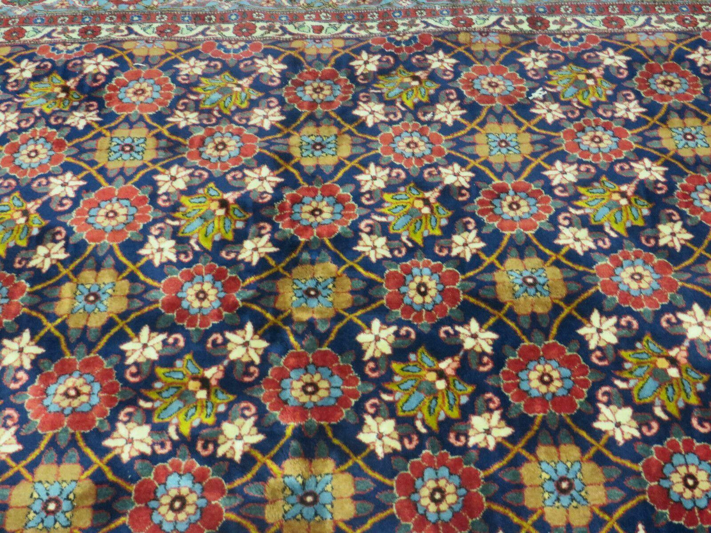 Navy Blue Antique Persian Rug 7x11, Veramin Mina Khani Repeated Allover Pattern, Vintage Authentic Hand Knotted Handmade Wool Room Sized Carpet - Nuvé