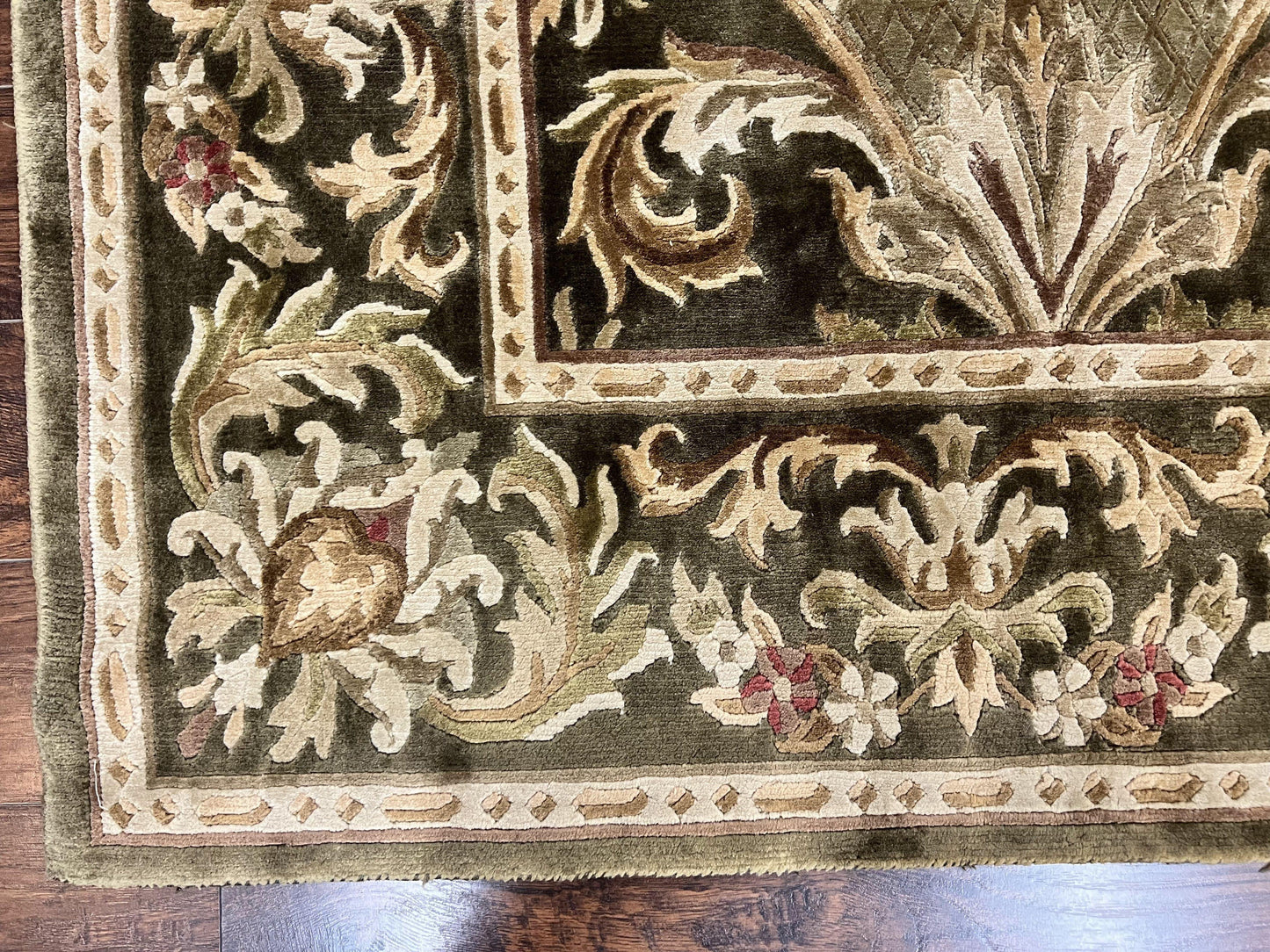 Tibetan Rug 8x10, European Design, Floral, Green, Handmade, Wool, Nepali Rug - Nuvé