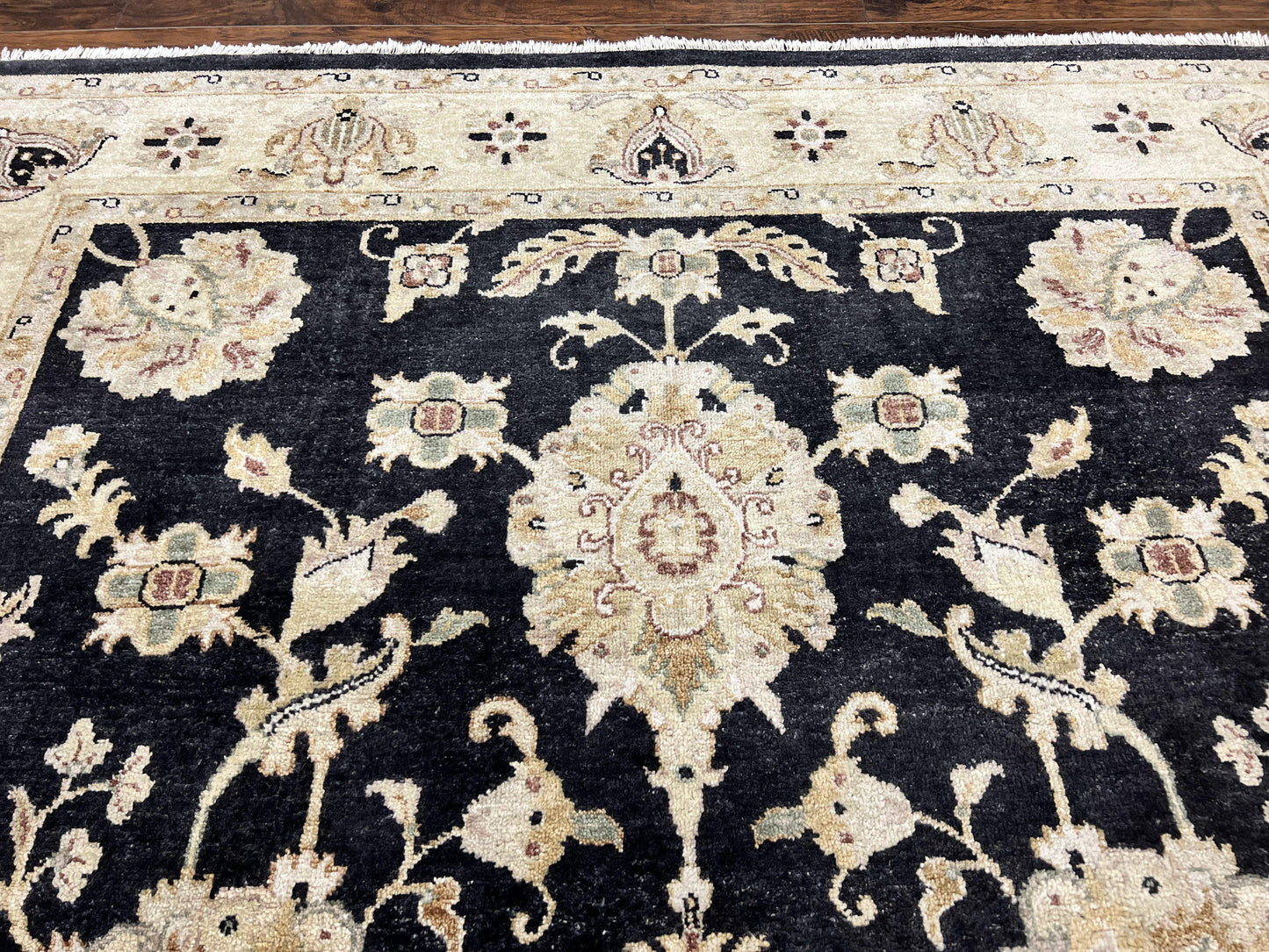 Indo Mahal Rug 8x10, Black and Beige, Vintage Rug 8 x 10 ft, Floral, Handmade Wool Carpet - Nuvé