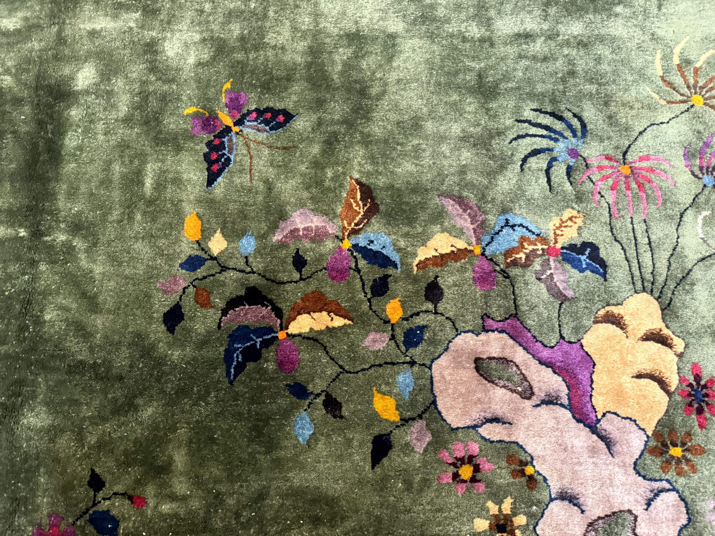 Antique Chinese Nichols Rug 9x12 - Rare Green and Purple Art Deco Carpet - Nuvé