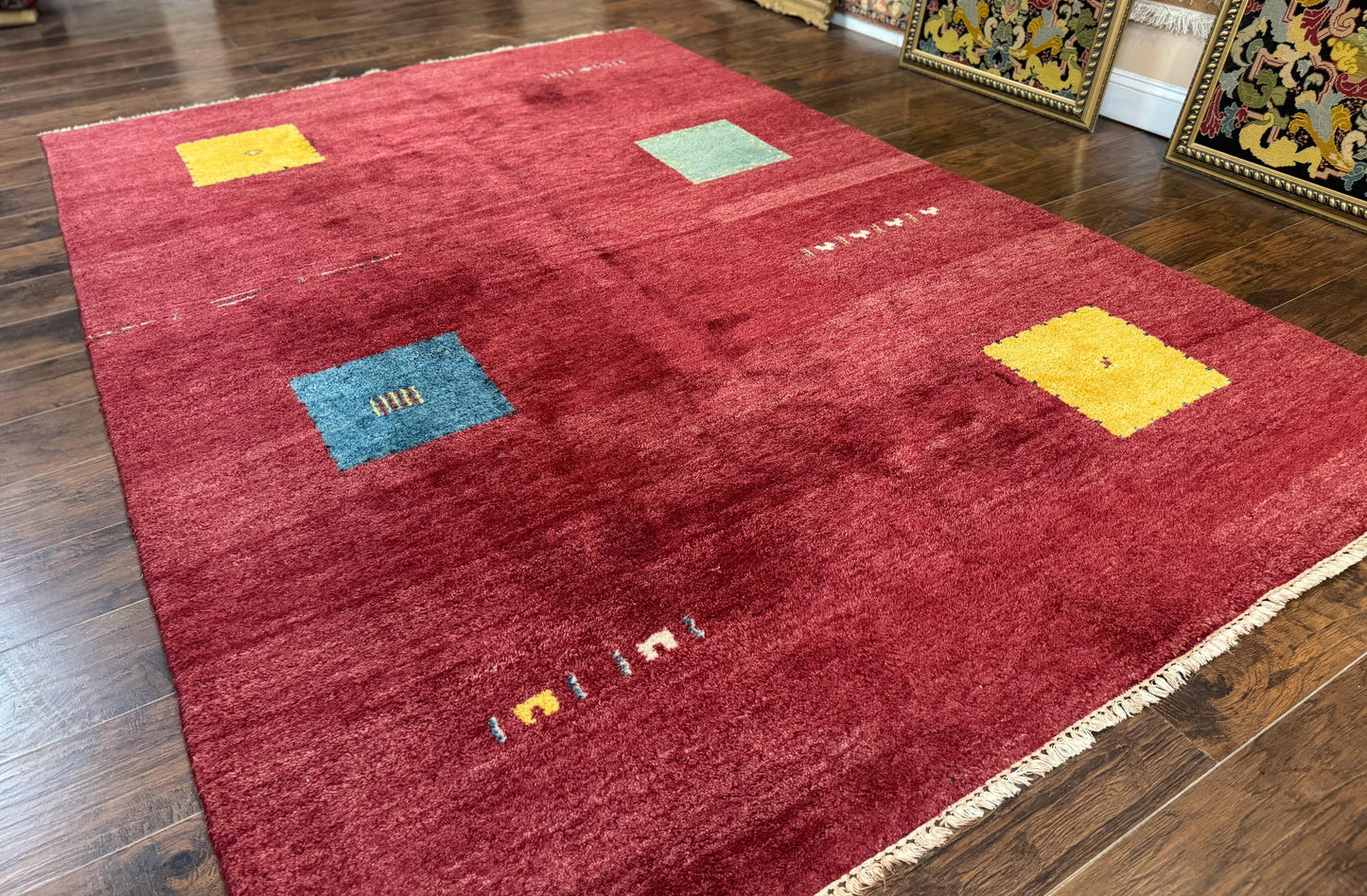 Modern Indo Persian Gabbeh Rug 7x10, Red, Tribal Area Rug - Nuvé