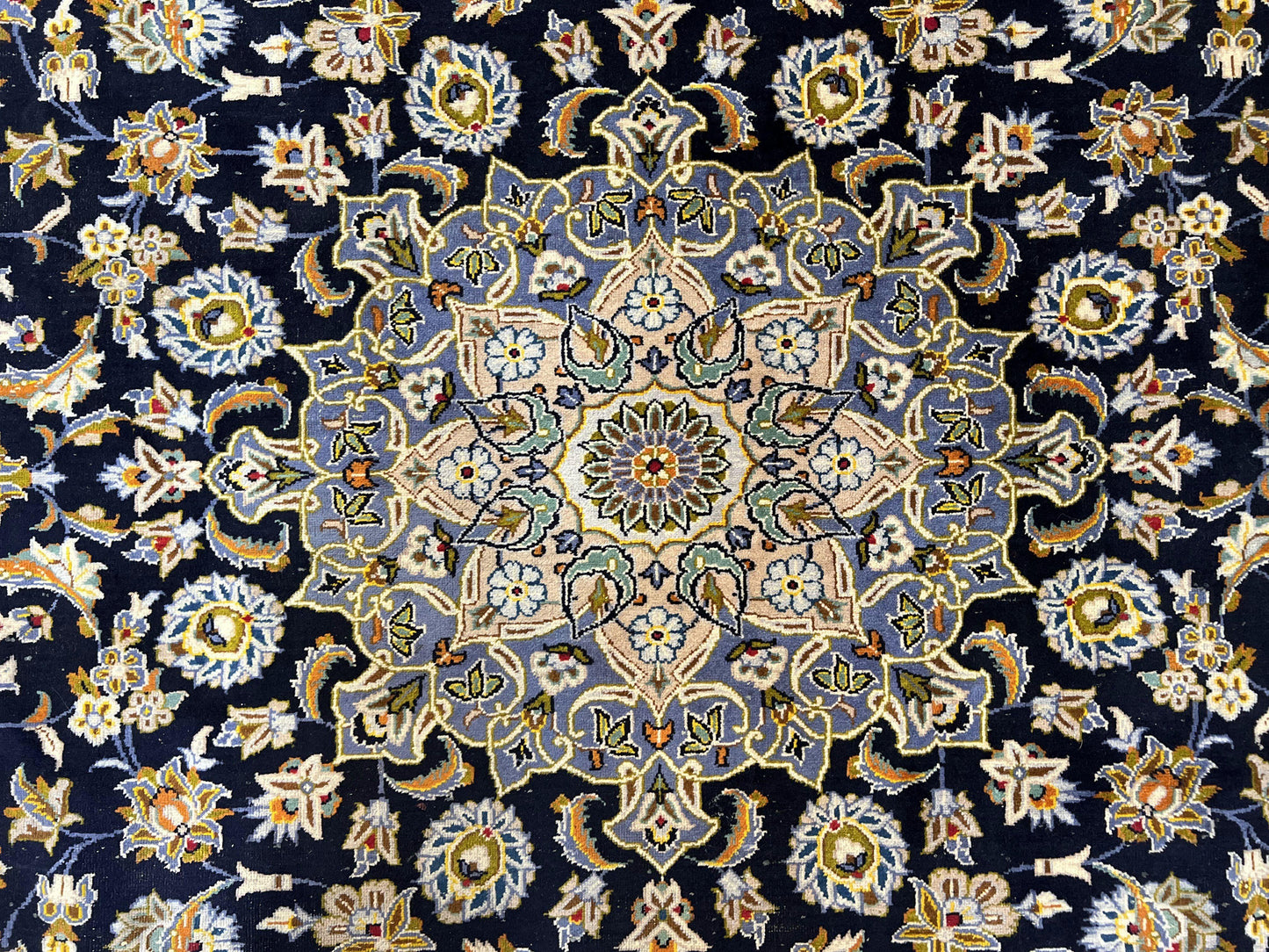 Wonderful Navy Blue Persian Kashan Rug 11x13, Allover Floral Design with Central Medallion, Wool Hand-Knotted Antique Carpet, Signed Rabani Rug - Nuvé