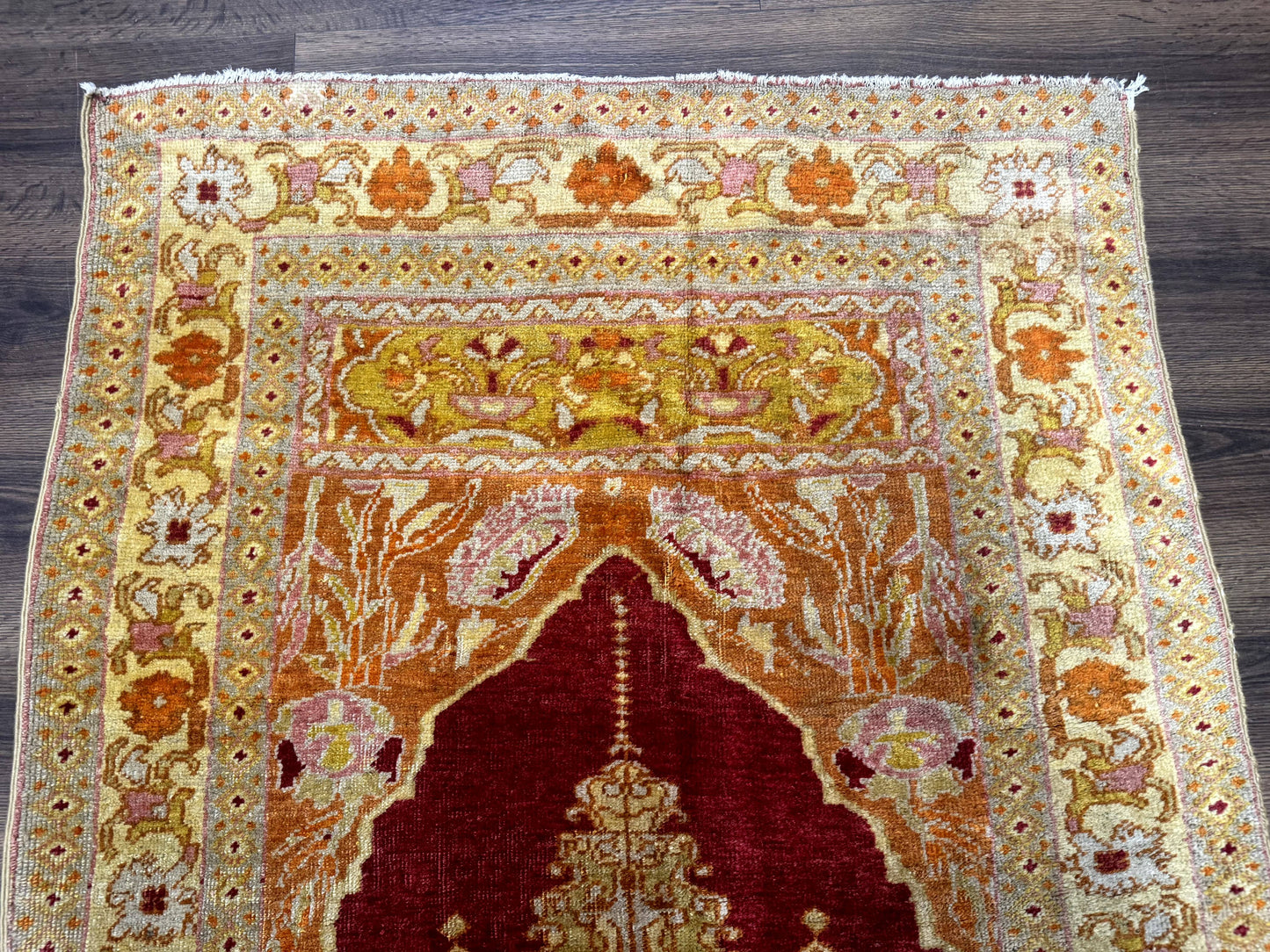 Antique Turkish Prayer Rug 4x6, Red and Golden Mustard, Mihrab Design, Anatolian Carpet - Nuvé
