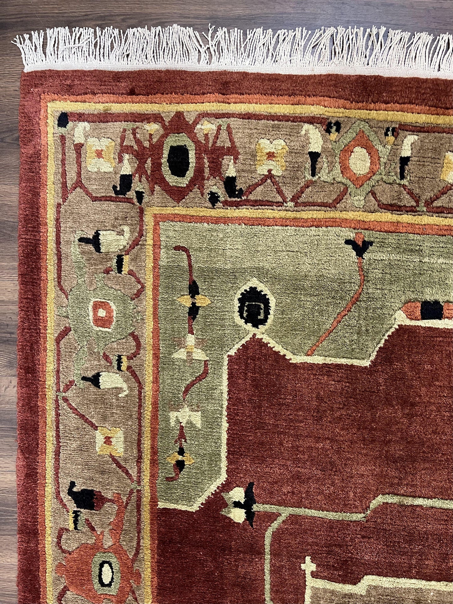 Tibetan Rug 7x10, Geometric Medallion, Red Green Taupe, Hand Knotted, Soft Wool Area Rug, Contemporary Carpet, Handmade Nepali Rug 7 x 10 ft - Nuvé