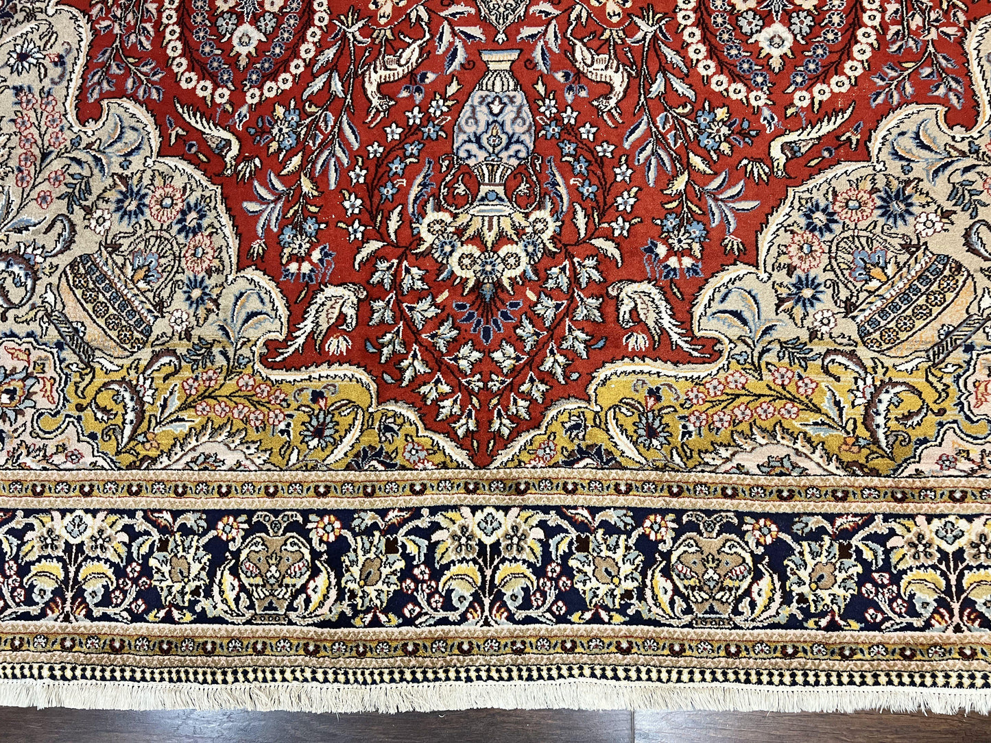 Wonderful Persian Qum Rug 10x14, Wool w/ Silk Highlights, Hand Knotted Semi Antique Vintage Carpet, Red, Floral, Fine Weave, Birds Deer Pictorials - Nuvé