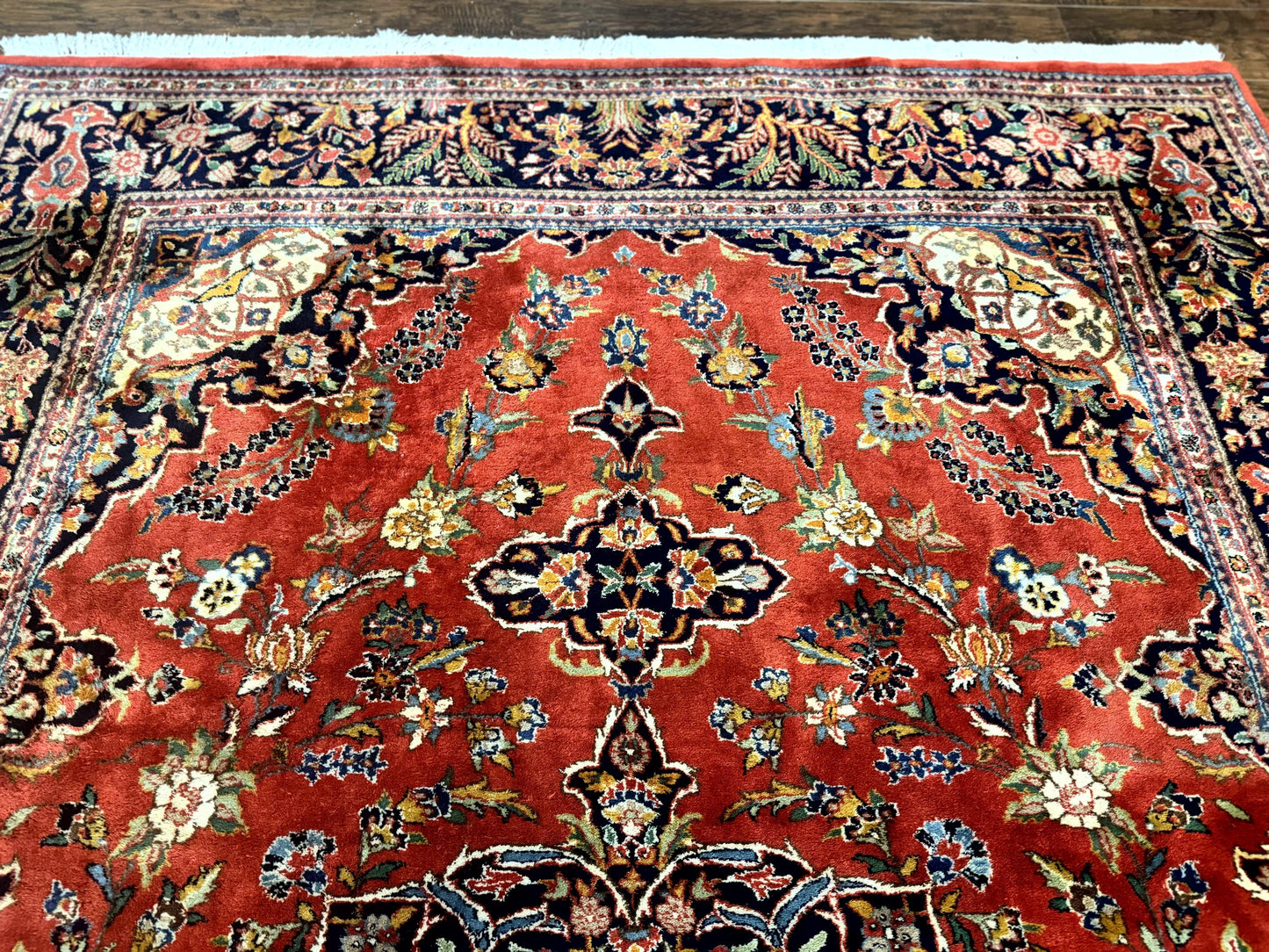 Indo Persian Rug 7x10, Vintage Handmade Wool Carpet, Floral Medallion Traditional Rug, Red and Midnight Blue - Nuvé