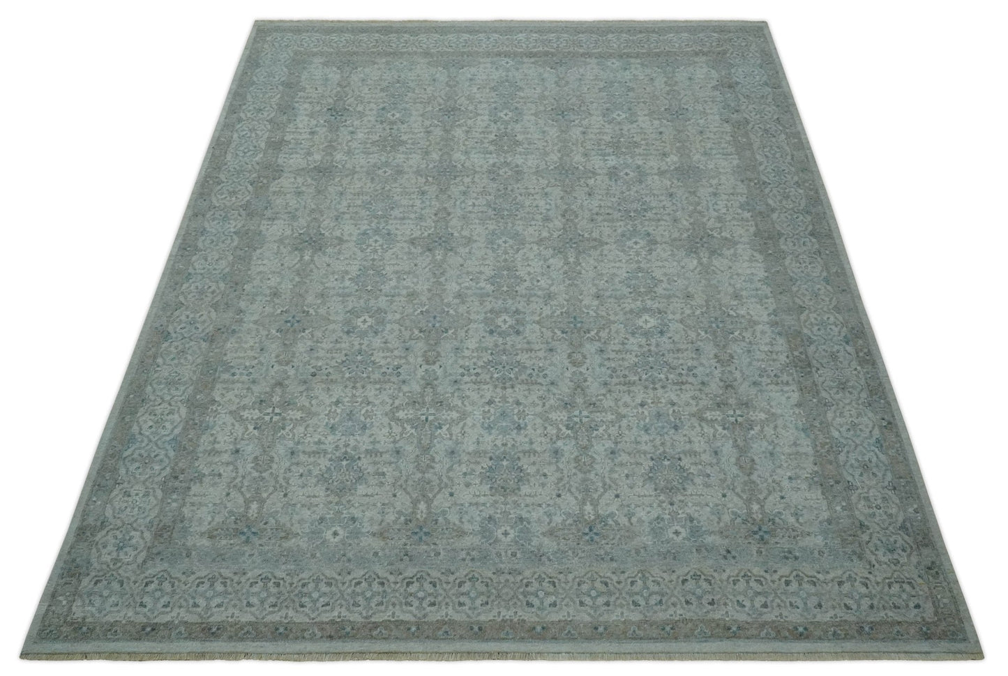 Antique Distress finish Silver, Teal and Brown Hand Knotted Traditional 8x10 wool Rug - Nuvé