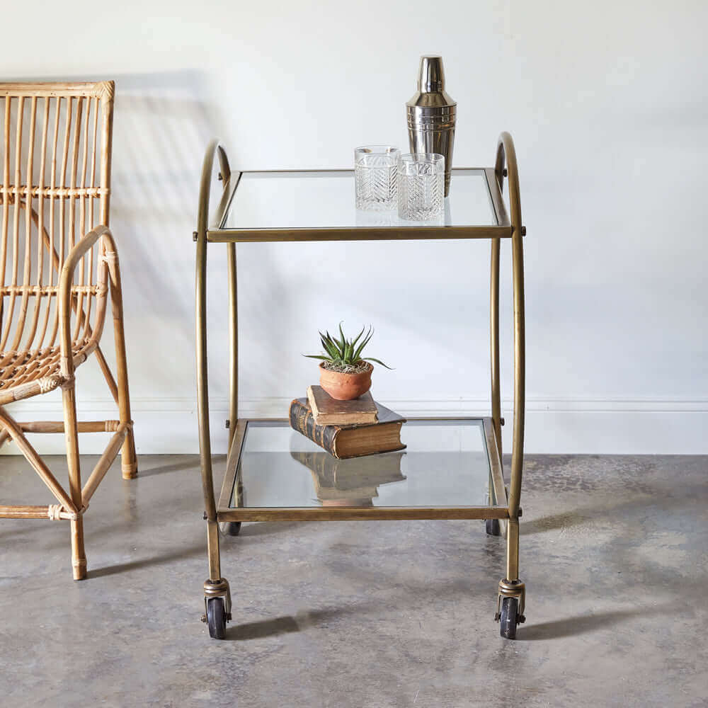 Antique Inspired Brass Finished Bar Cart with Glass Shelves - Nuvé