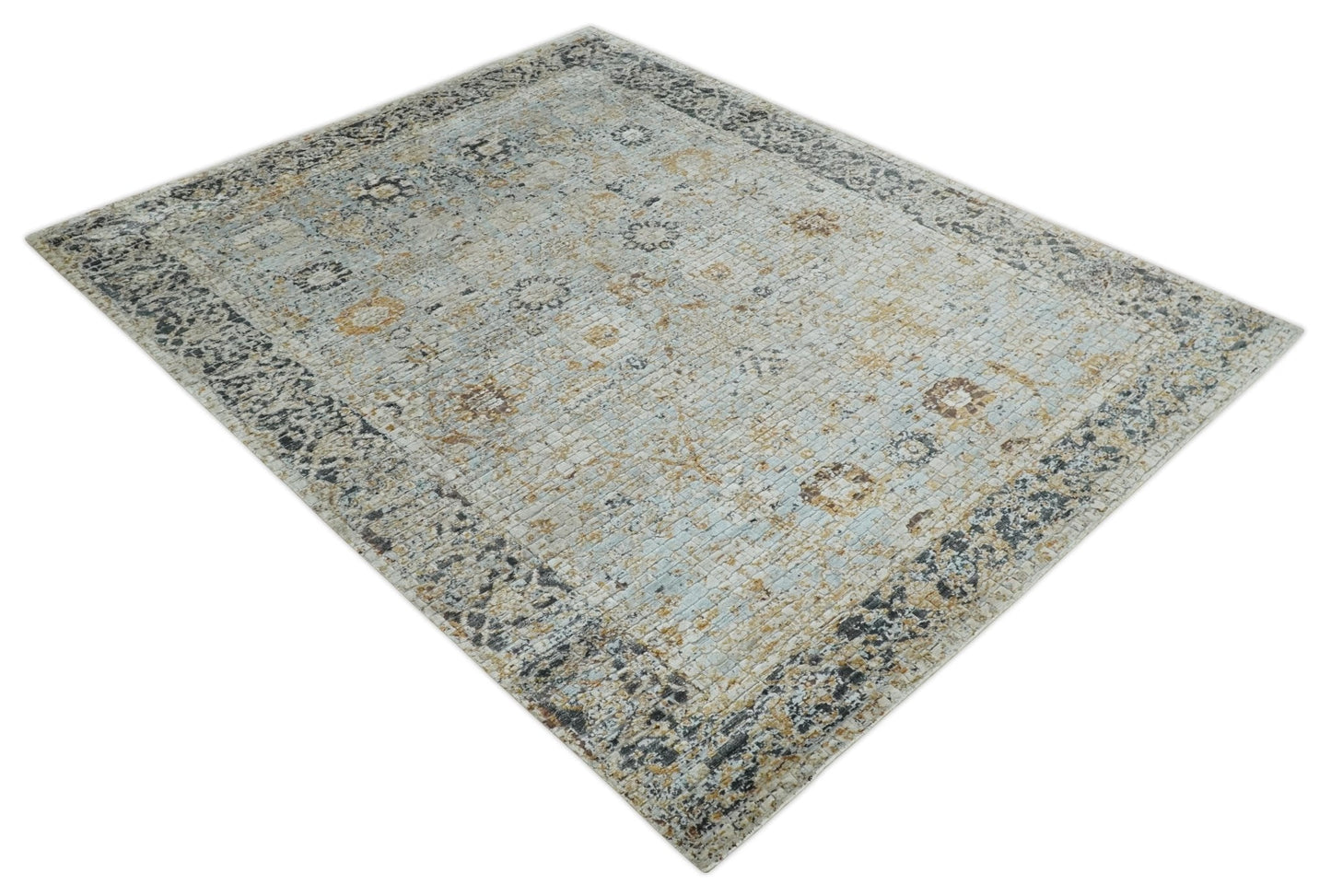Antique look Aqua, Gold and Charcoal Hand Knotted Carved Texture Traditional Oriental Oushak 8x10 wool Area Rug - Nuvé