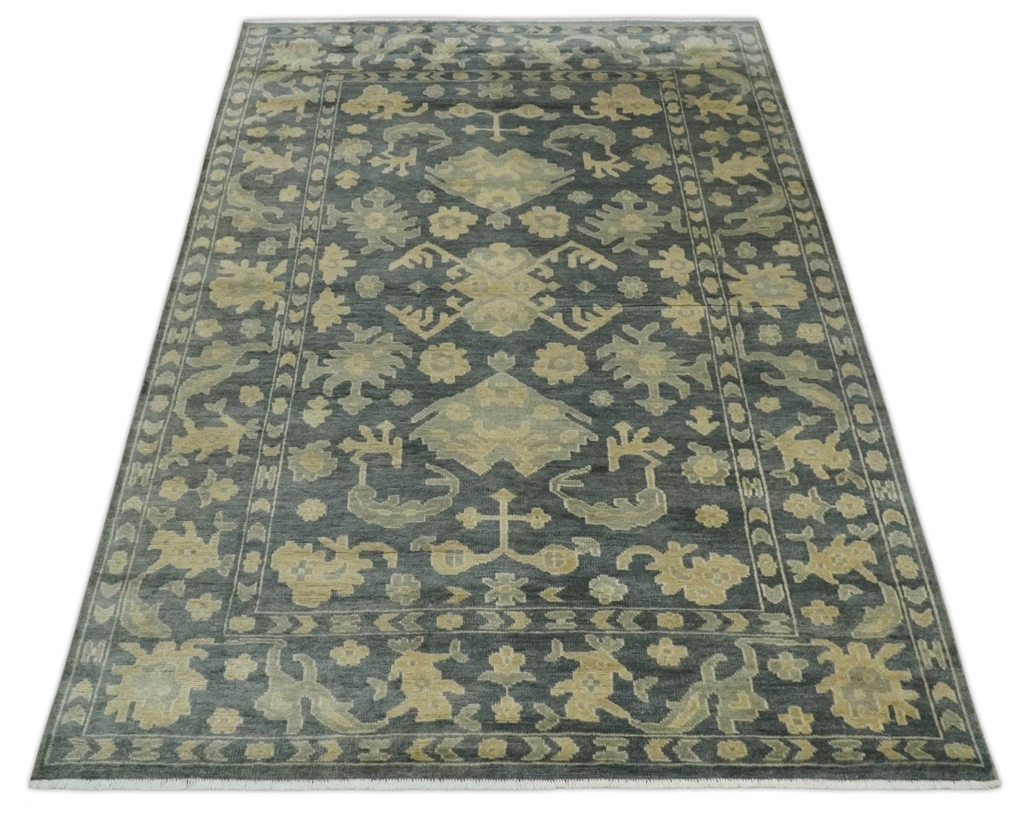 Antique Style 6x9 Hand Knotted Beige and Charcoal Traditional Wool Rug | N35669 - Nuvé