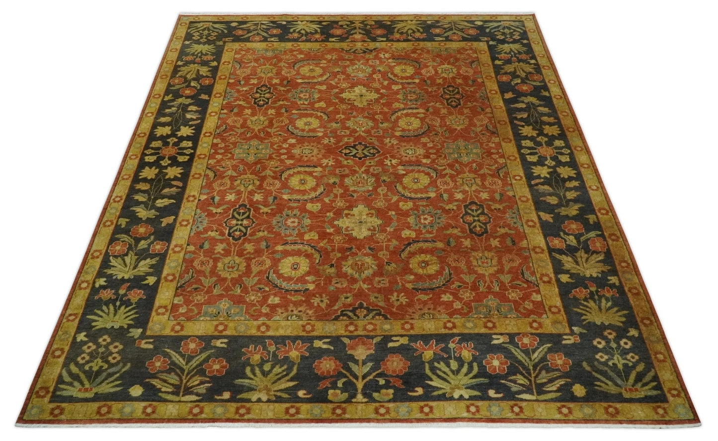 Antique Style 8x10 Rust, Black and Gold Hand Knotted Traditional Turkish Serapi Wool Area Rug - Nuvé