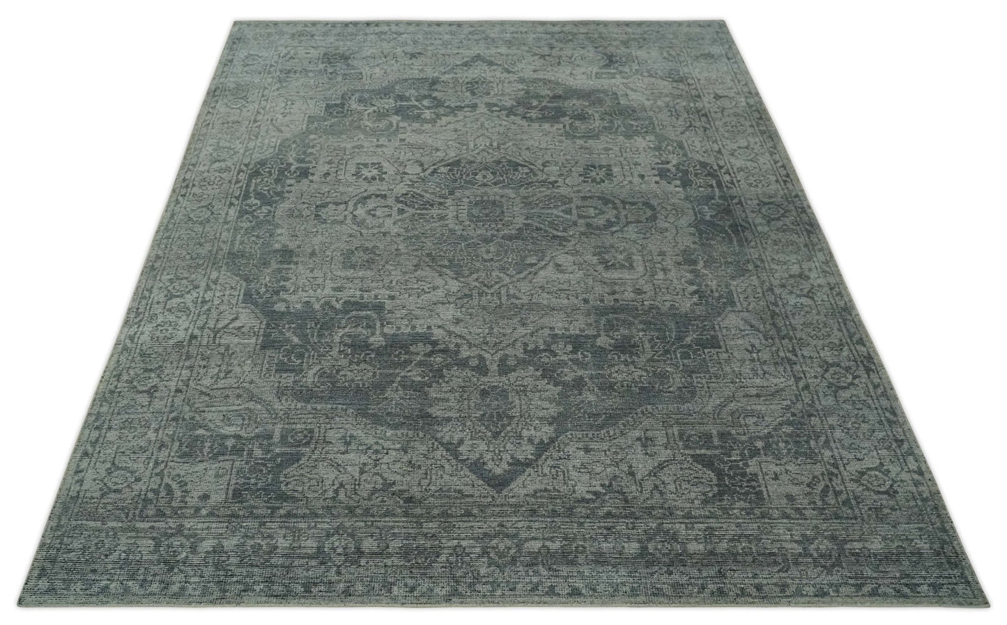 Antique Style Charcoal and Silver Traditional Heriz Medallion 8x10 wool Area Rug - Nuvé
