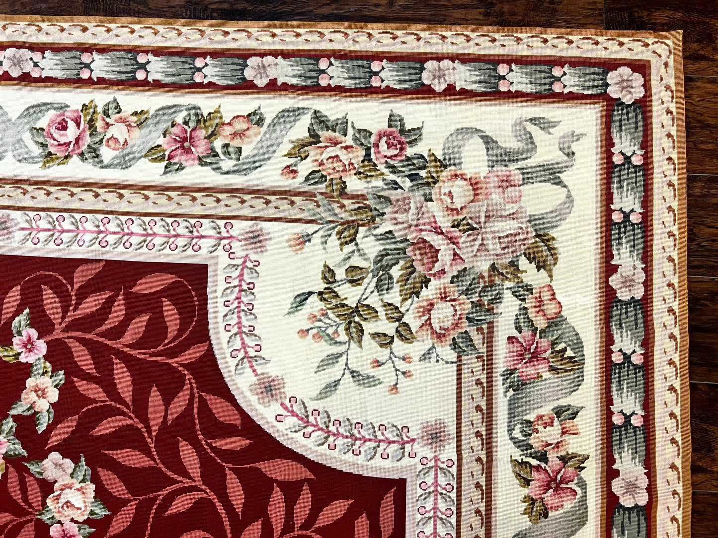 Wonderful Aubusson Rug 9x12, Handmade Vintage Needlepoint Carpet, Red and Ivory, Elegant European Design, Wool - Nuvé