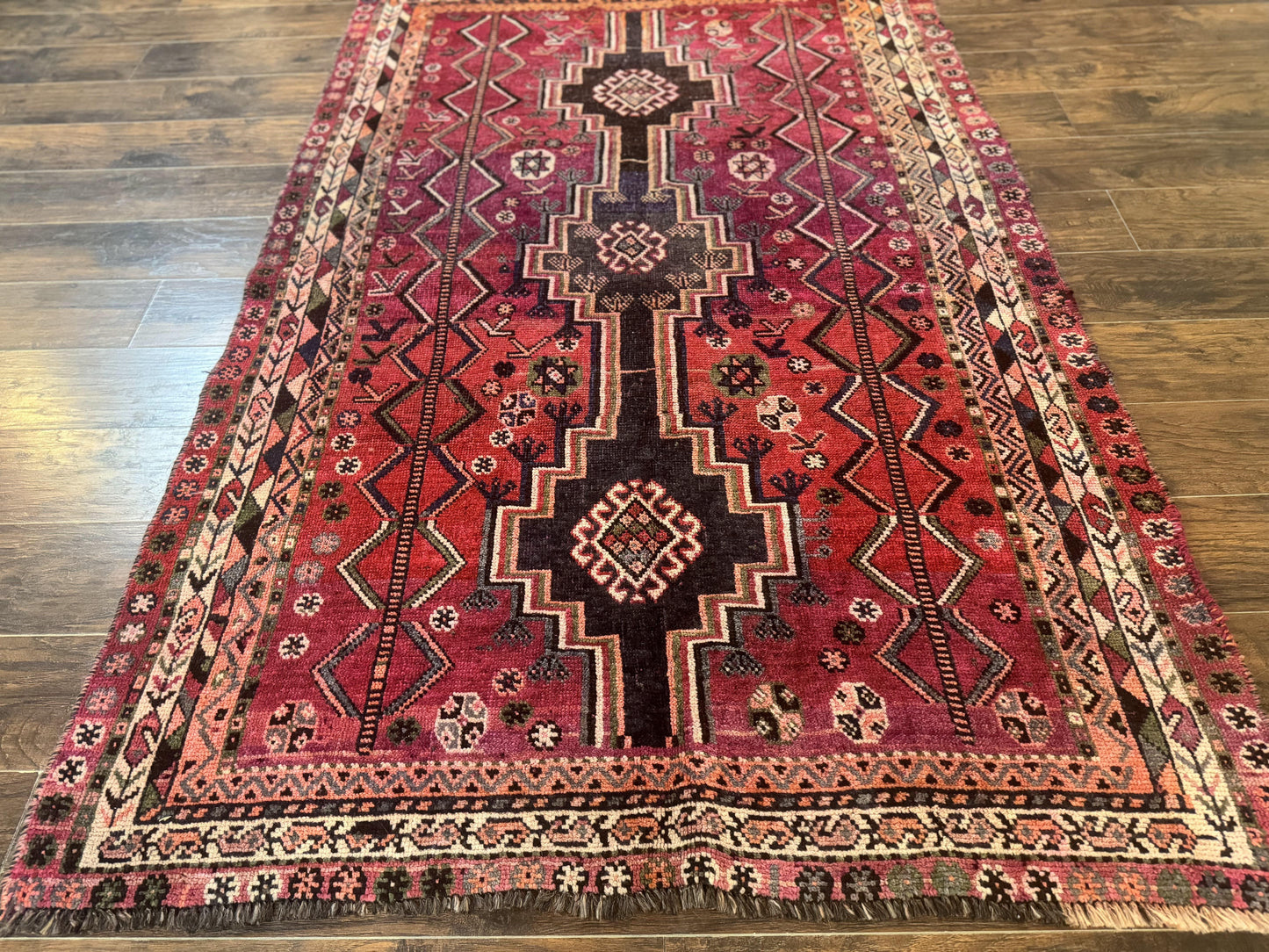 Persian Tribal Shiraz Rug 5x8, Geometric, Raspberry Red and Charcoal, Antique Persian Carpet - Nuvé