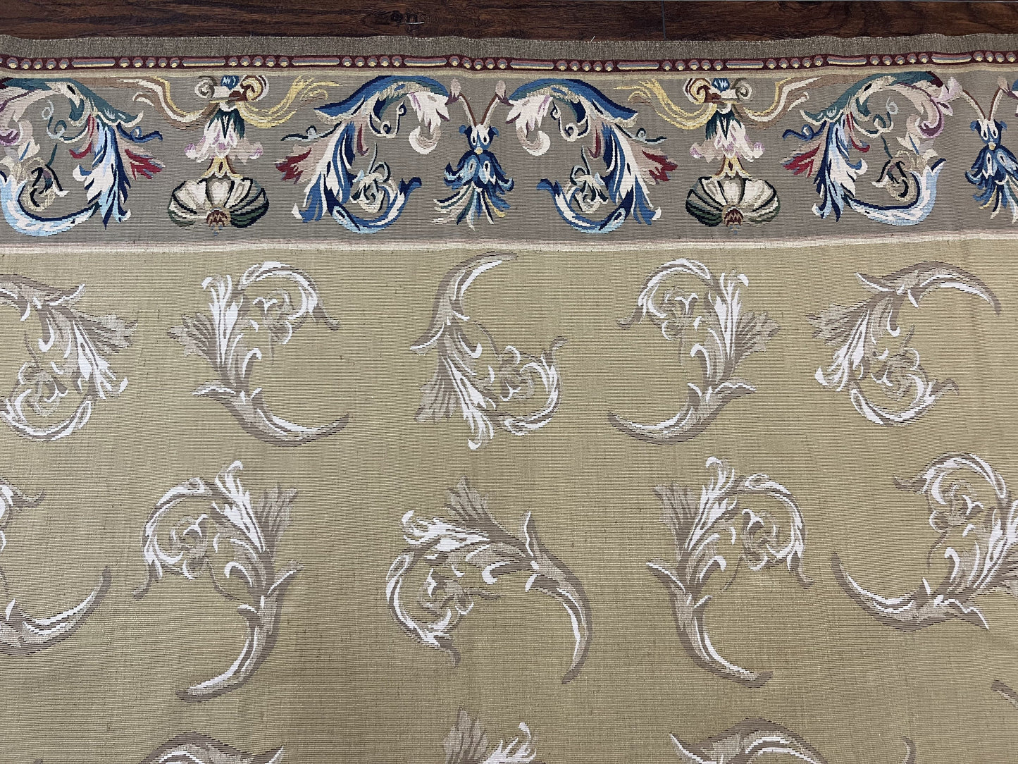 Vintage Aubusson Flatweave Area Rug 9x12, Aubusson Weave, Wool, Beige, Handmade, French European Design, 8'9" x 11'9" - Nuvé