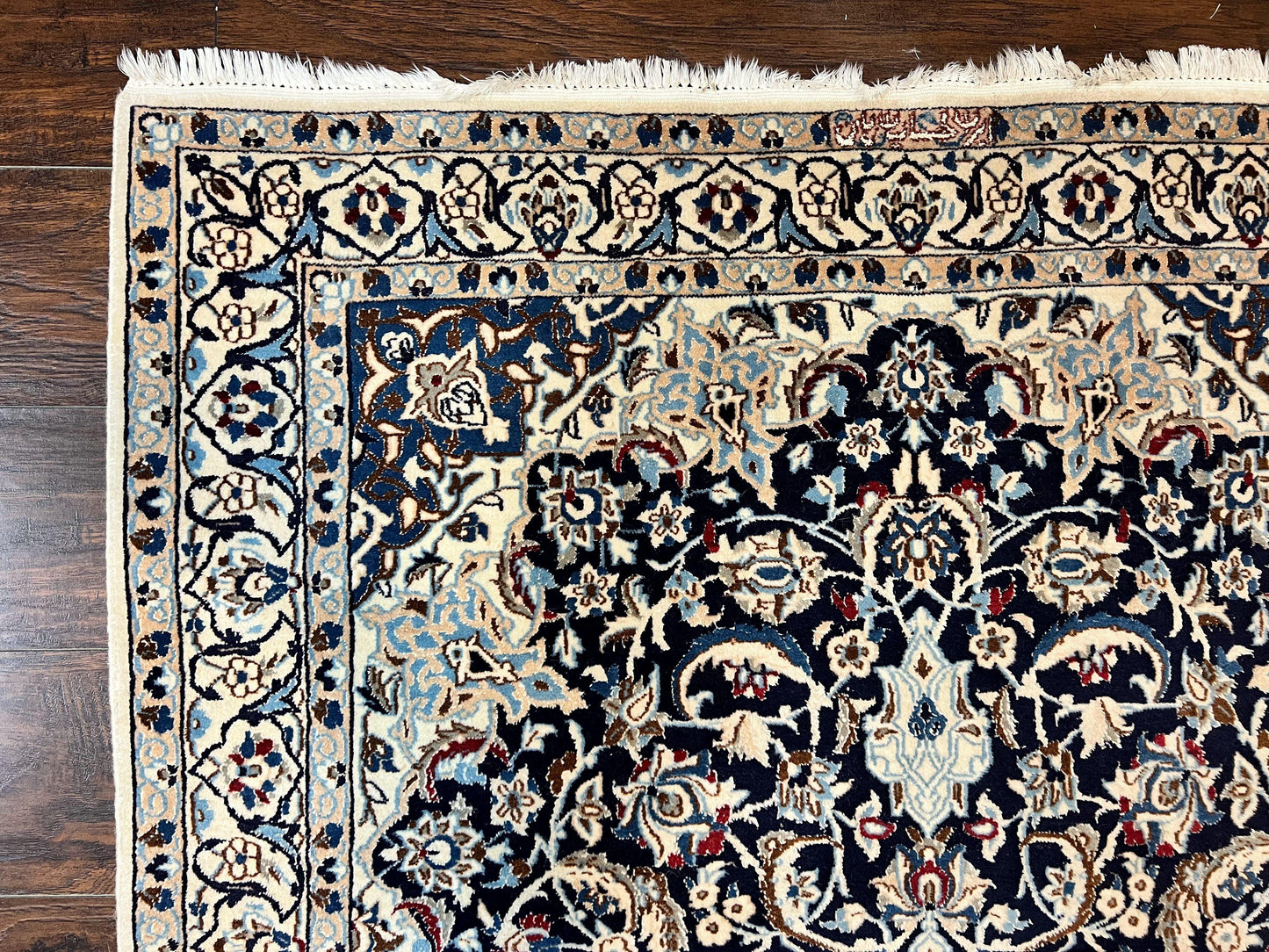 Persian Nain Rug 4x6, Floral, Hand Knotted Vintage Wool & Silk Highlights, Signature from Masterweaver, Navy Blue and Ivory - Nuvé