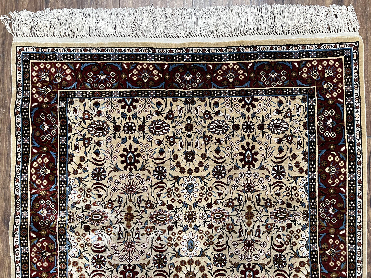 Fine Sino-Persian Silk Rug 3x5, High Quality Silk Carpet, Handmade Small Silk Rug, Allover Repeated Motif, Tan Maroon Blue Vintage Silk Rug - Nuvé