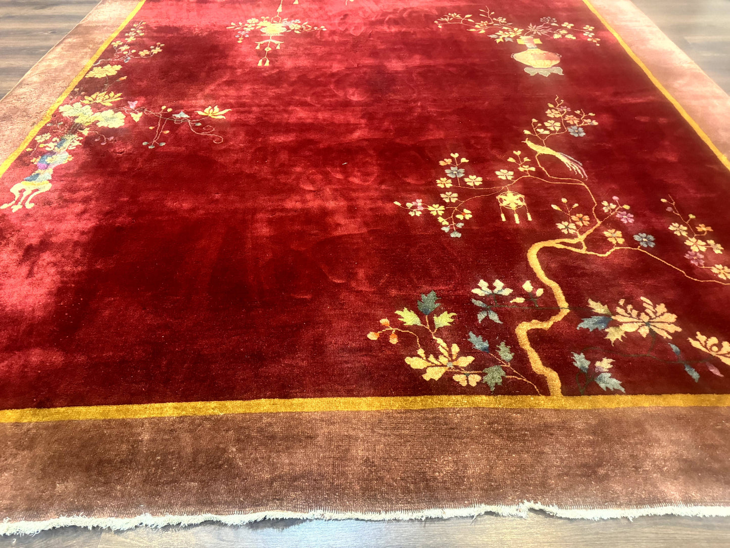 Red Chinese Art Deco Rug 9x11, Simple Design, Wool Chinese Area Rug, Antique - Nuvé