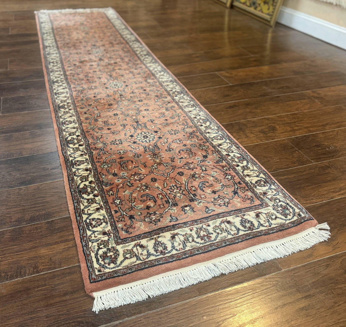 Indo Persian Runner Rug 2.6 x 10, Coral and Cream, Hand Knotted 10ft Wool Oriental Runner for Hallway or Kitchen - Nuvé