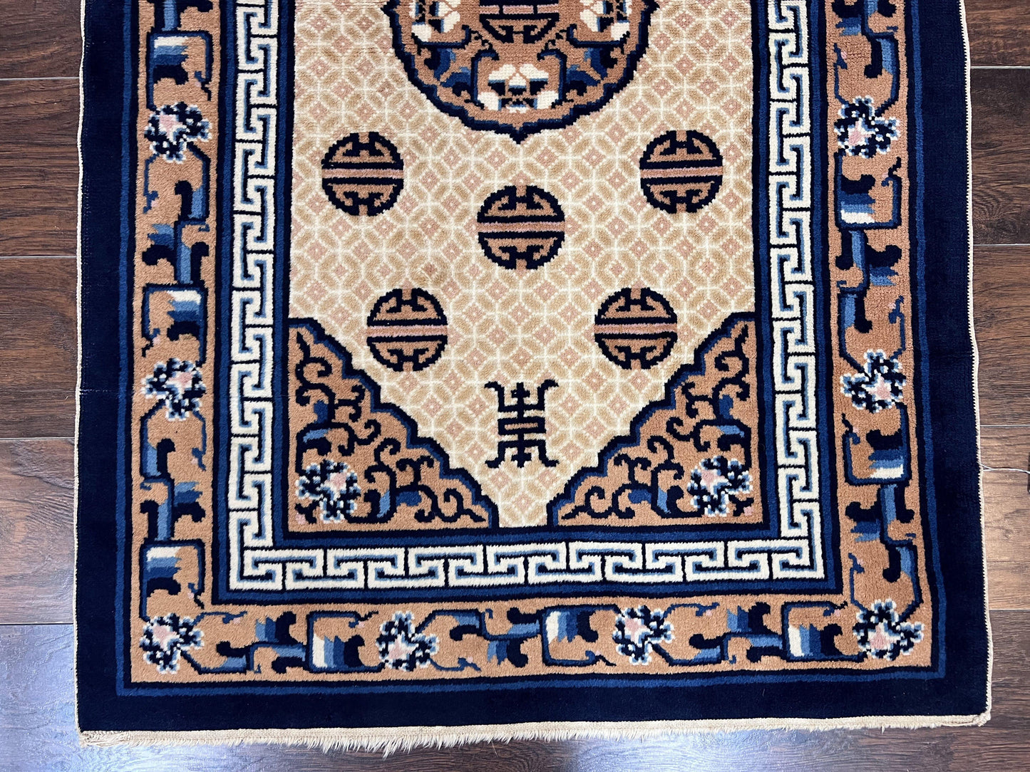 Chinese Peking Rug 3x5, Antique Chinese Art Deco Carpet, Blue Ivory Tan, Hand Knotted Wool Asian Oriental Rug 3 x 5 Vintage Small Peking Rug - Nuvé