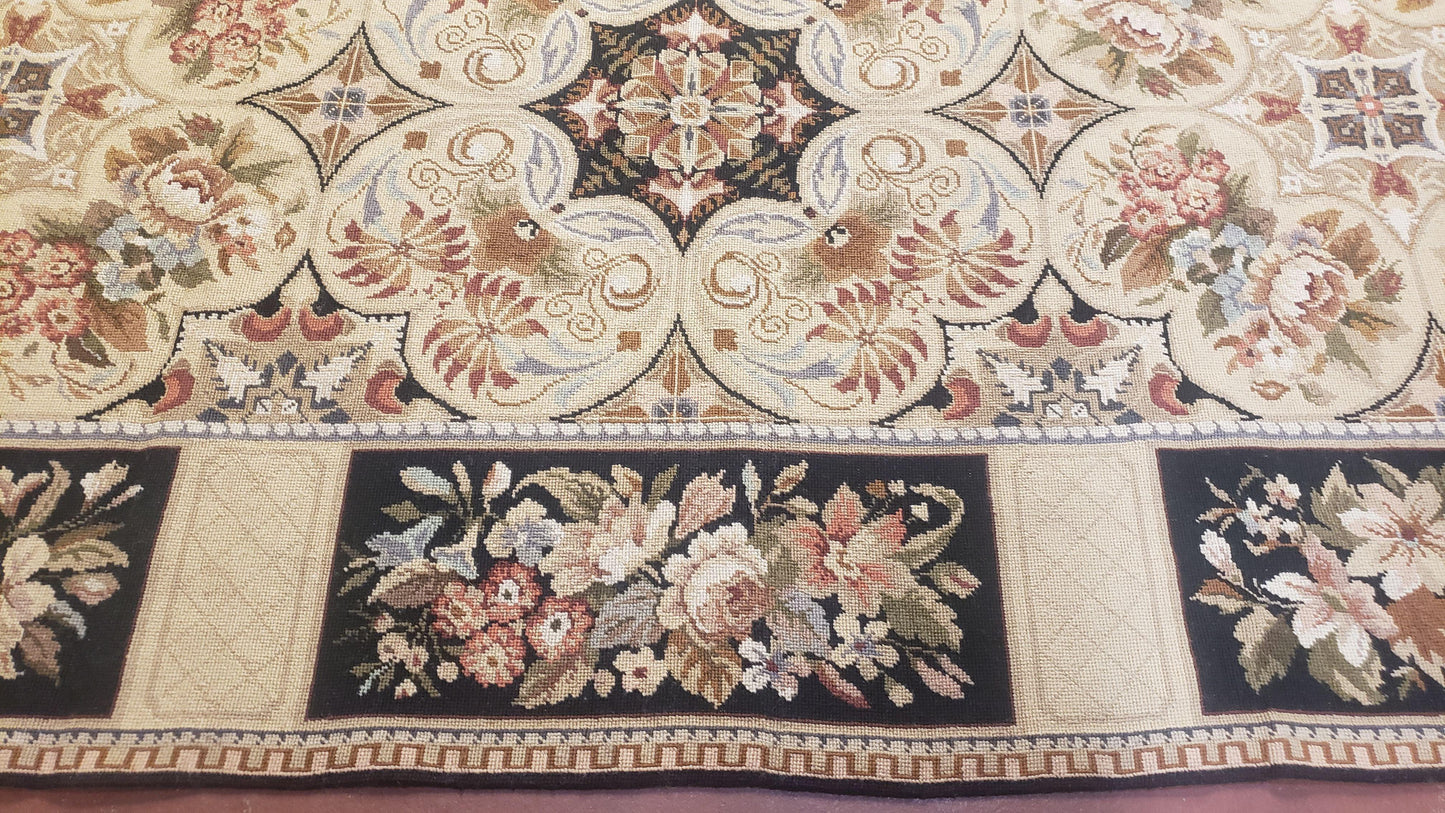 Needlepoint Rug 8x10ft Allover European Design Flowers 100% Wool Hand Knotted Aubusson Area Rug Brand New Flatweave Needle Point Carpet Chic - Nuvé