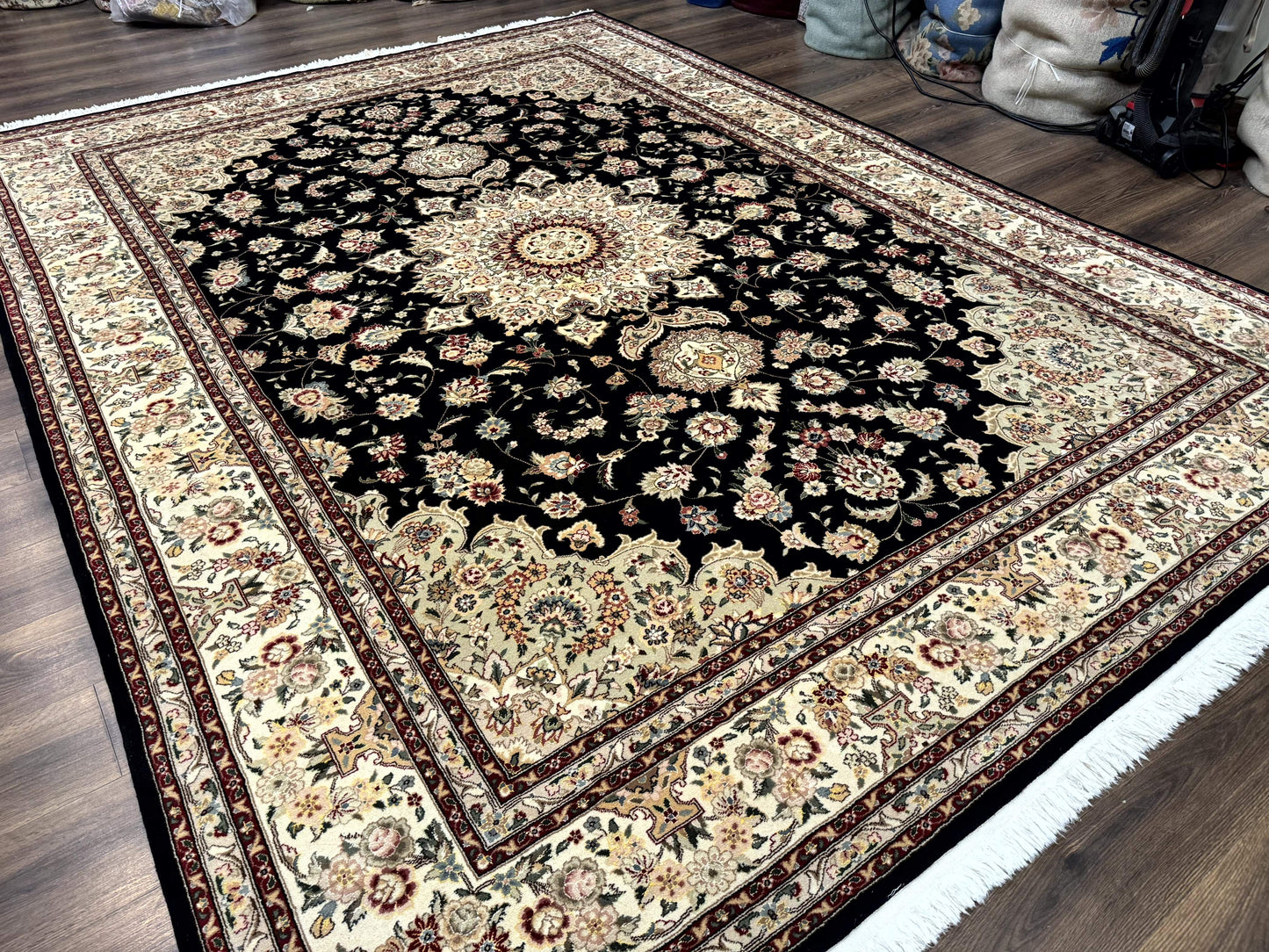 Sino Persian Rug 9x12, Black and Beige, Floral Medallion, Wool & Silk, Handmade - Nuvé