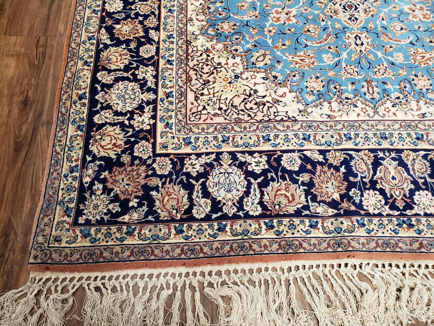 Persian Isfahan Rug, Kork Wool on Silk Foundation, Sky Blue, Hand-Knotted, 5' 1" x 7' 8" - Nuvé