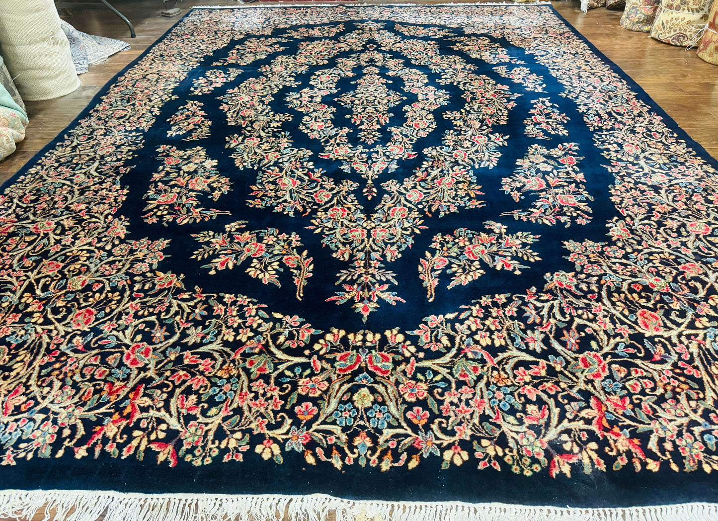 Antique Persian Kerman Rug 10x13, Navy Blue Floral Carpet, Fine 270 KPSI - Nuvé