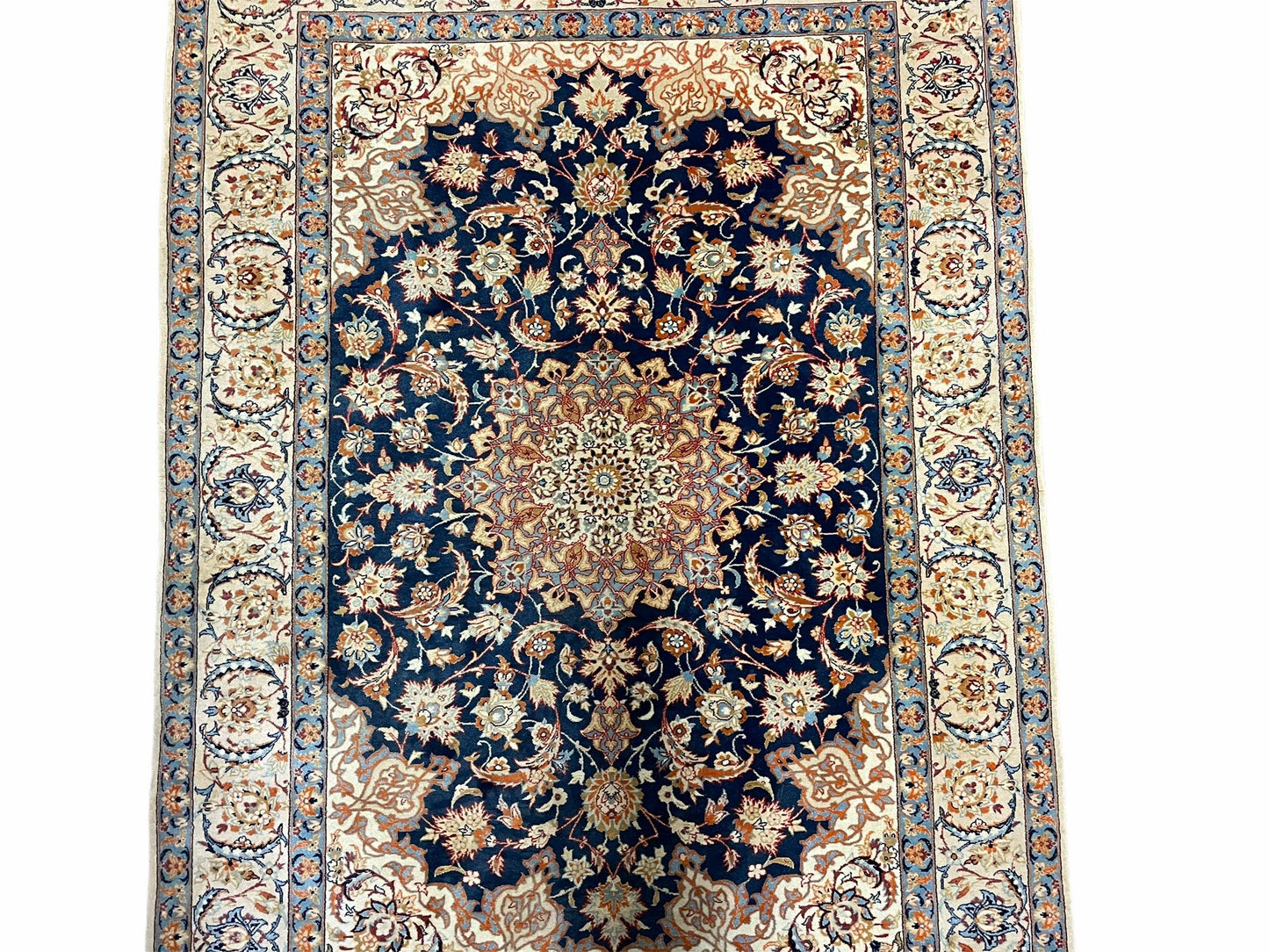 Persian Isfahan Rug 4x5, Navy Blue & Ivory, Wool and Silk Highlights - Nuvé
