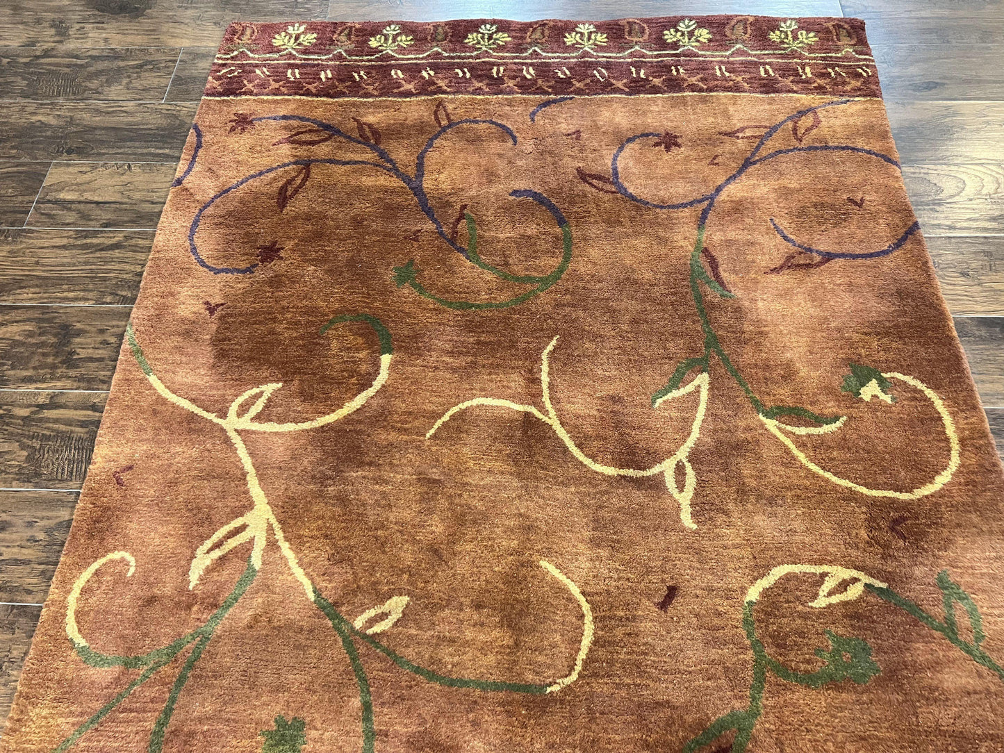 Pottery Barn Rug 5x8, Vintage Hand Tufted Carpet, Wool and Silk, Rust & Maroon - Nuvé