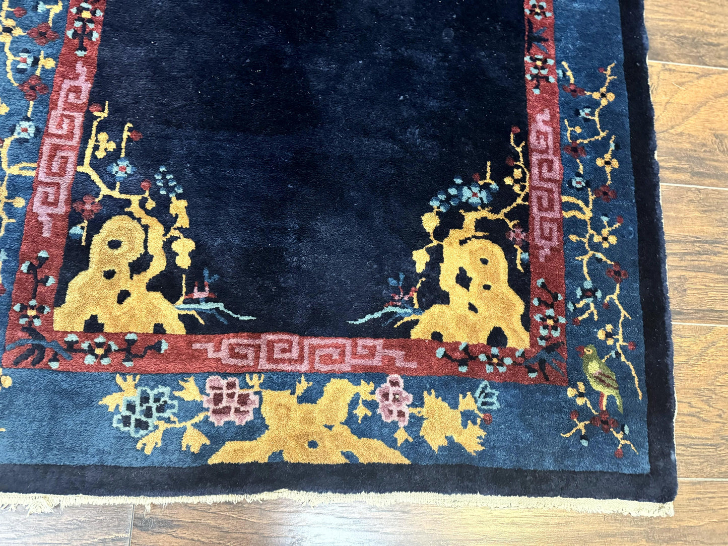 Antique Chinese Peking Rug 3x6, Dark Blue, Bird Motif, Handmade Wool Art Deco Asian Oriental Carpet, Pair A - Nuvé
