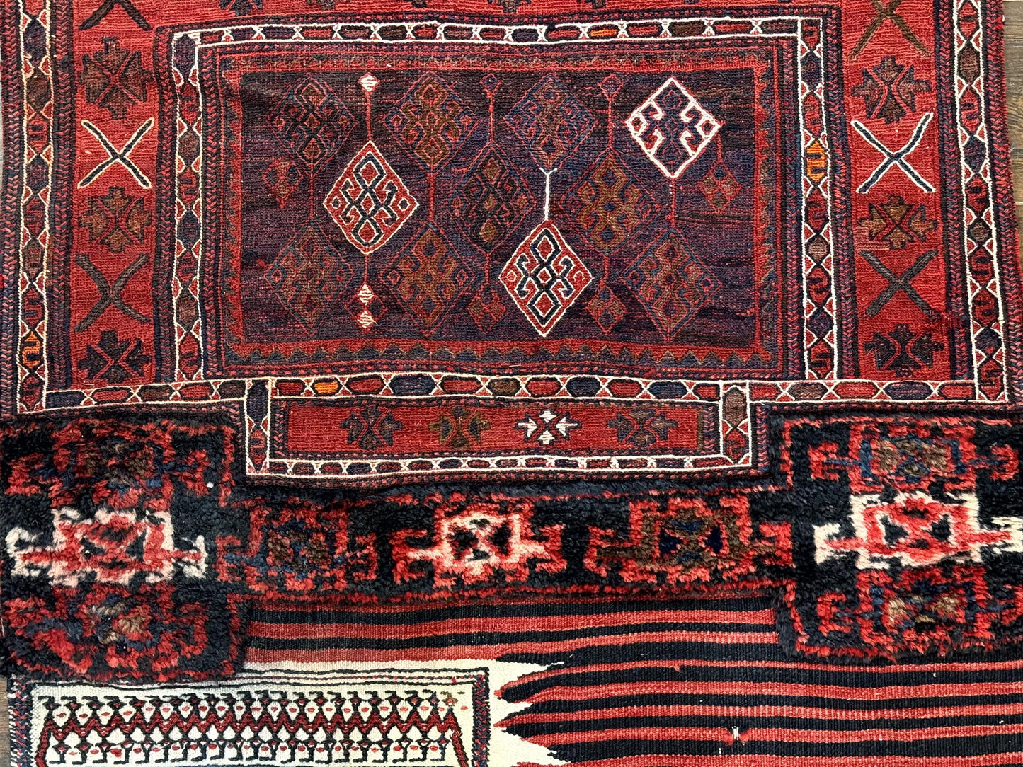 Persian Tribal Nomadic Saddle Cover Rug, Antique, Handmade, Wool, Red Ivory Black, Collectible, Shashavan - Nuvé