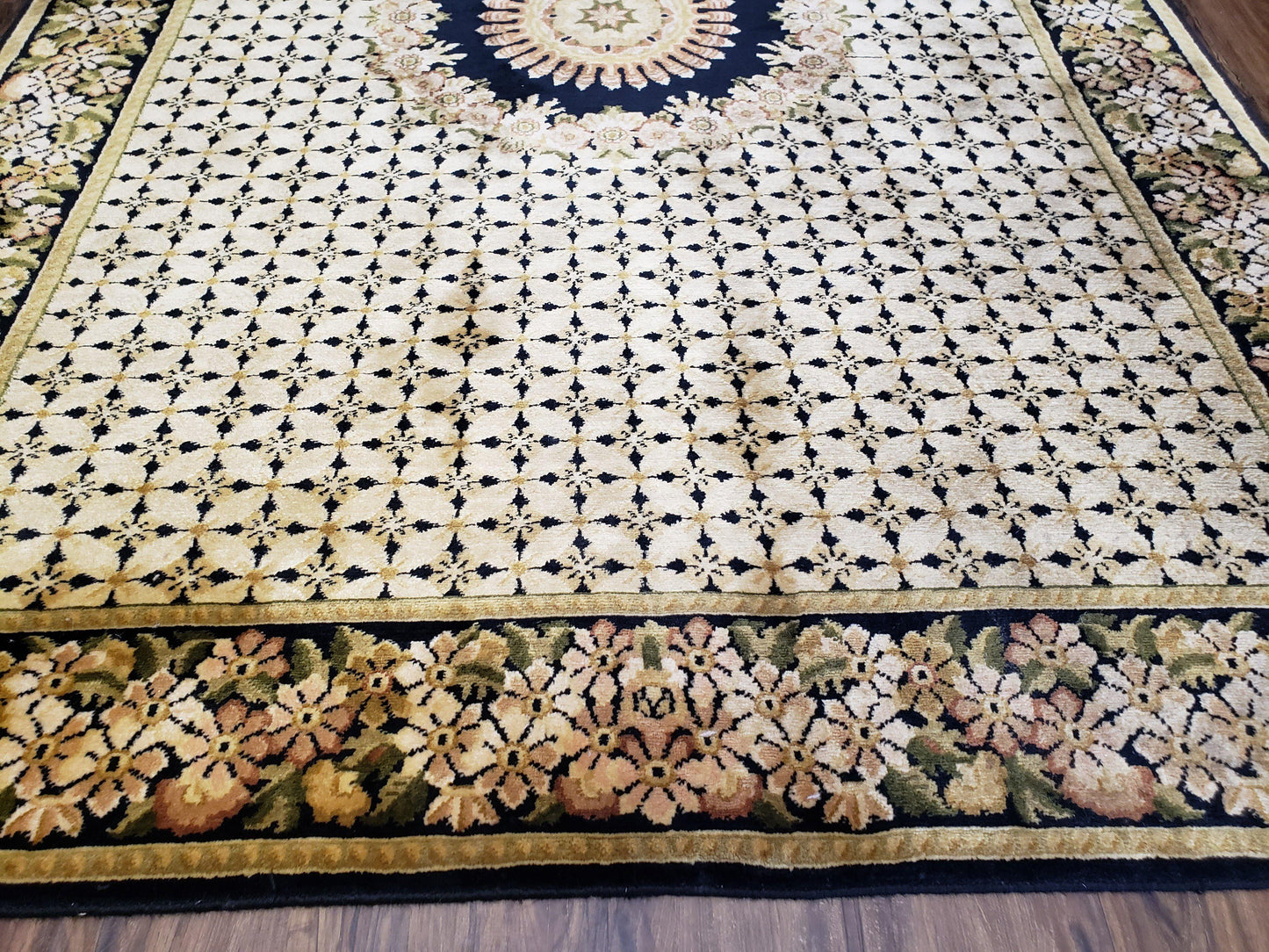 Indian Rug with Tibetan Weave, 6x8 - 6x9 Rugs, Indo-Tibetan Rug, Black and Cream Beige Tan, Floral Border, Soft Rug, Handmade Area Rug, Wool - Nuvé