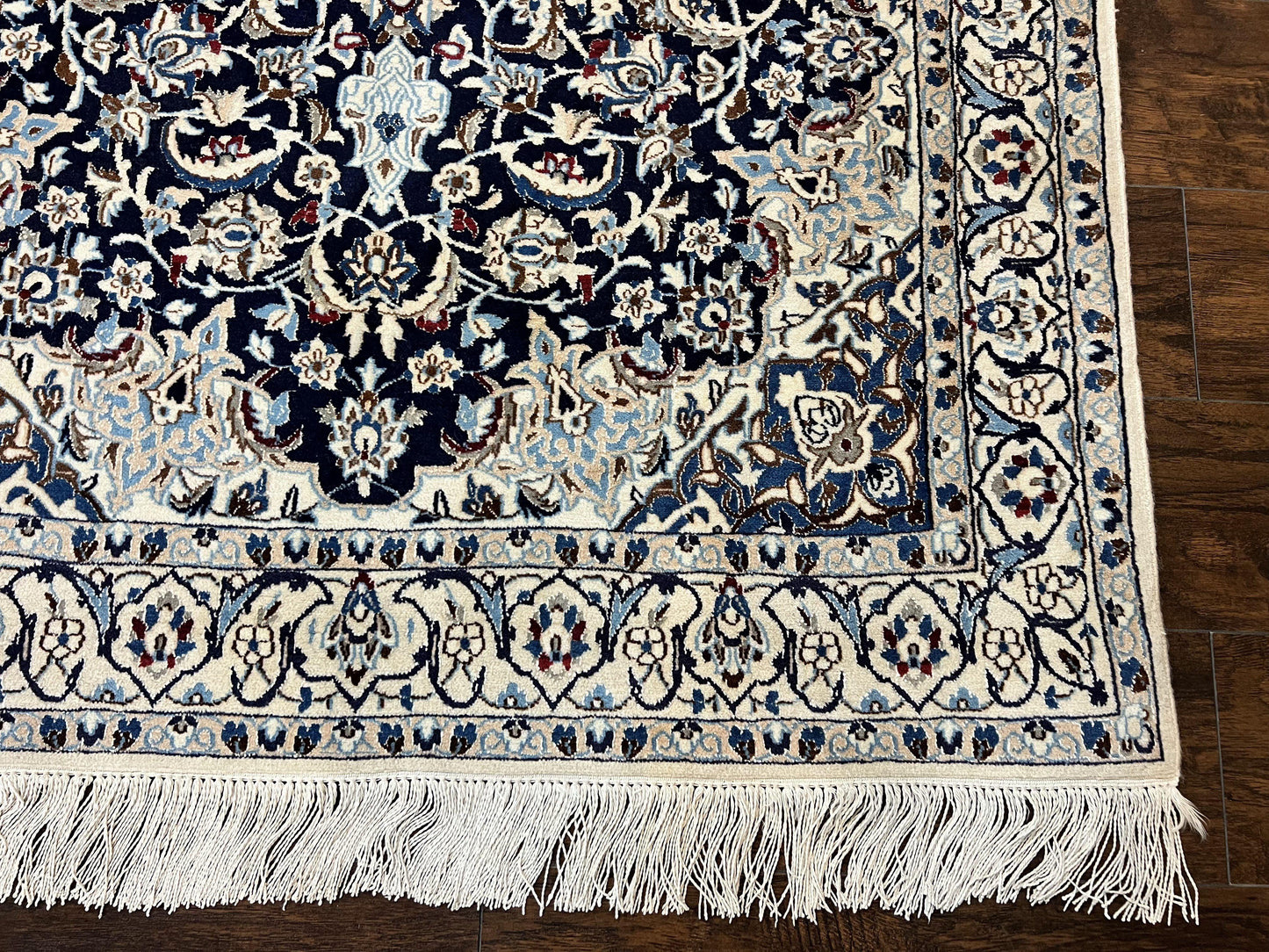 Persian Nain Rug 4x6, Floral, Hand Knotted Vintage Wool & Silk Highlights, Signature from Masterweaver, Navy Blue and Ivory - Nuvé