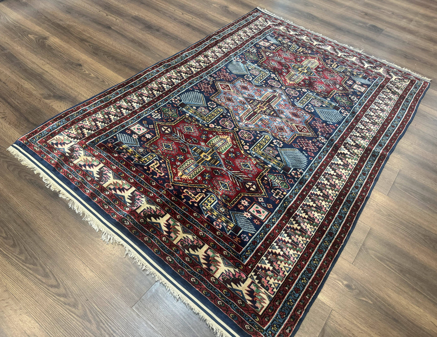 Indian Rug with Caucasian Design, 4x6 Geometric Carpet, Navy Blue and Cream - Nuvé