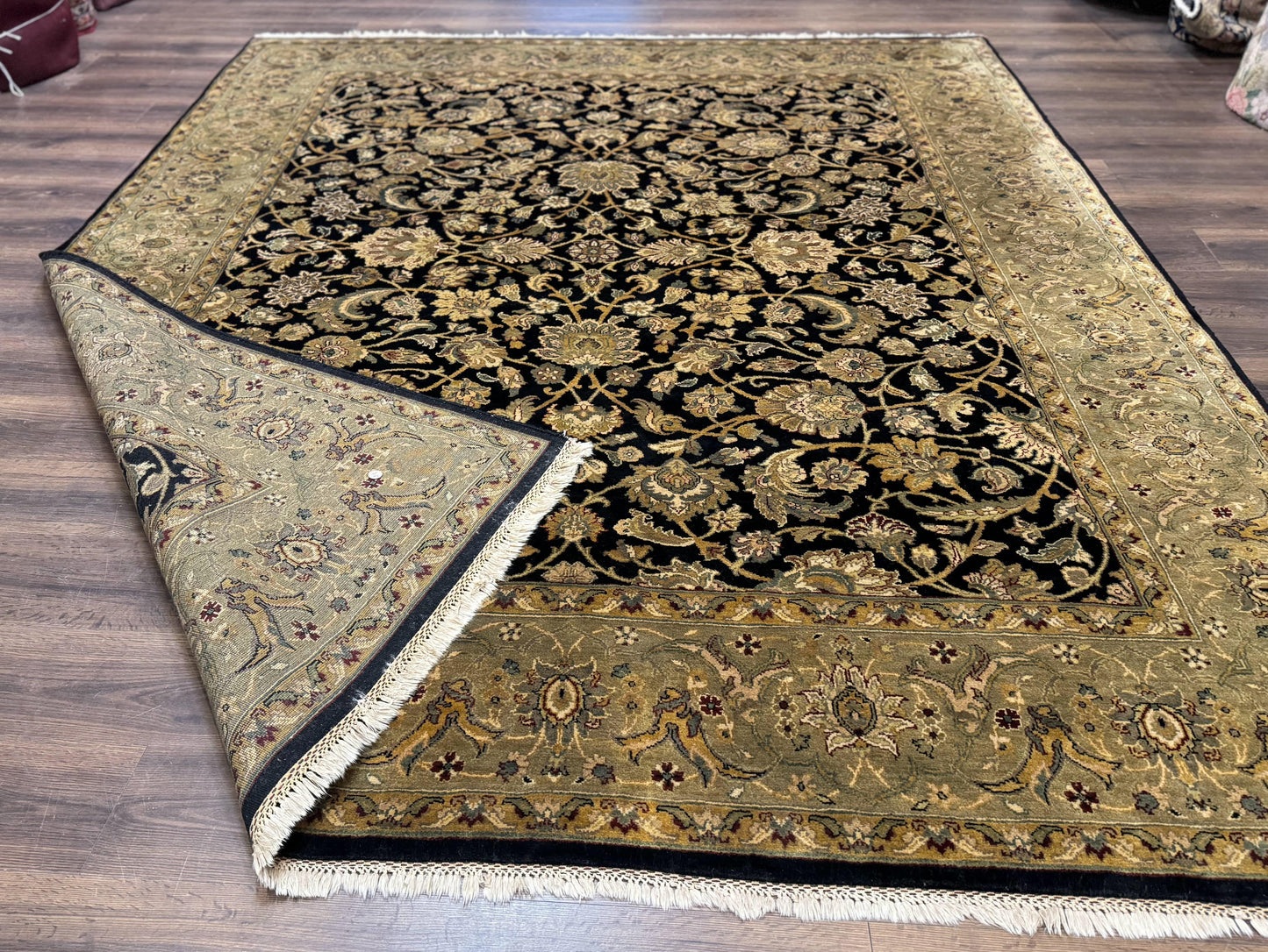 Indo Persian Rug 8x10, Black and Green, Wool, Handmade, Traditional, Floral Allover, Vintage - Nuvé