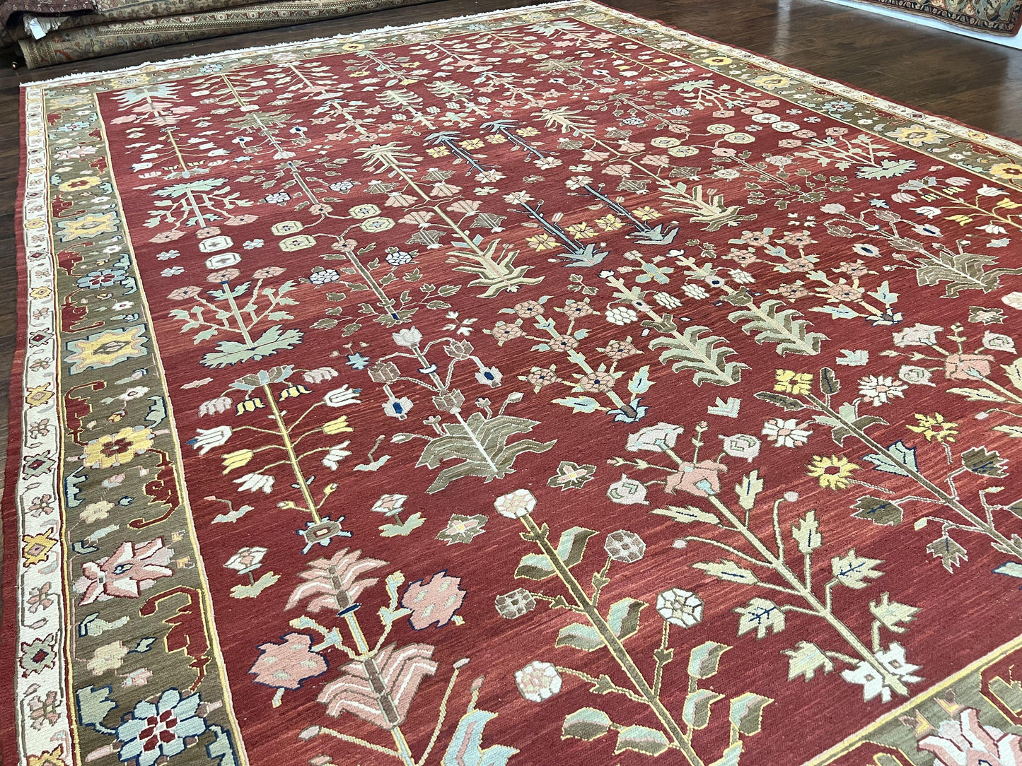 Indian Rug 10x14, Wool Hand Knotted Flatweave Carpet, Tree of Life, Red and Green - Nuvé