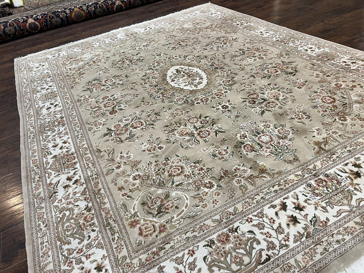 Sino Persian Rug 8x10, Soft Wool, Silk Highlights, Hand Knotted Vintage Carpet, Taupe & Ivory, Floral, Traditional Rug 8 x 10 - Nuvé