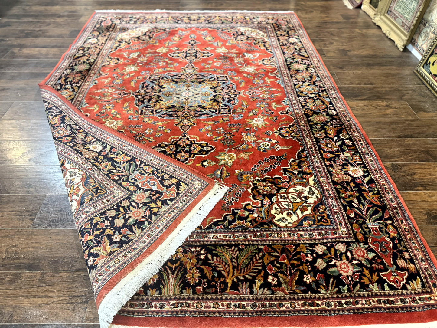 Indo Persian Rug 7x10, Vintage Handmade Wool Carpet, Floral Medallion Traditional Rug, Red and Midnight Blue - Nuvé