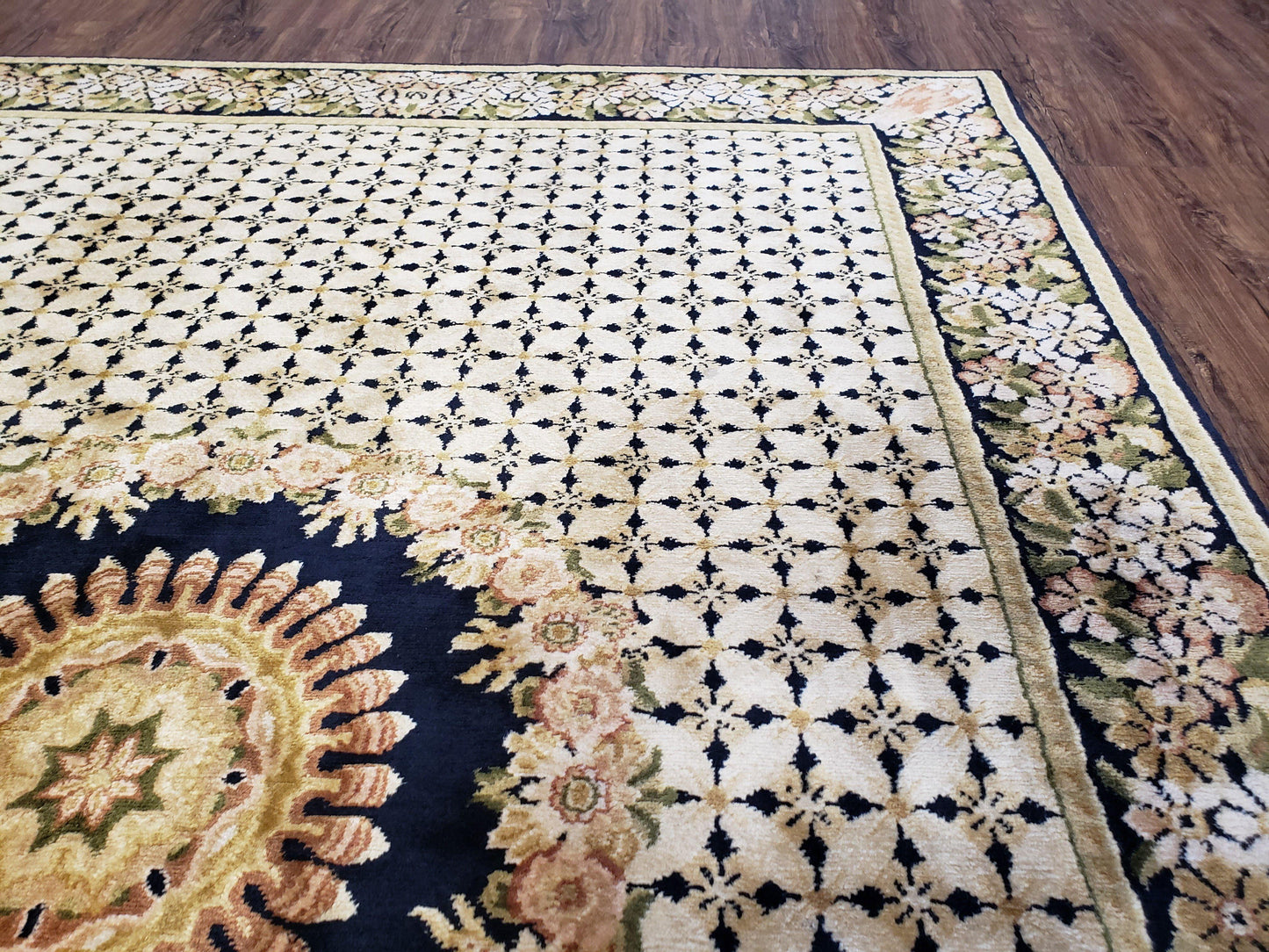 Indian Rug with Tibetan Weave, 6x8 - 6x9 Rugs, Indo-Tibetan Rug, Black and Cream Beige Tan, Floral Border, Soft Rug, Handmade Area Rug, Wool - Nuvé