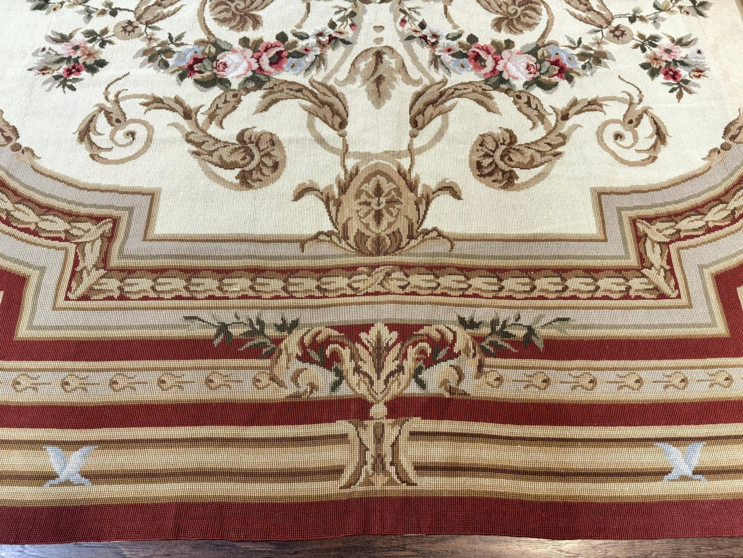 Aubusson Needlepoint Rug 9x11, Handmade Vintage Wool Flatweave Carpet, Elegant European Rug, Floral, Cream - Nuvé