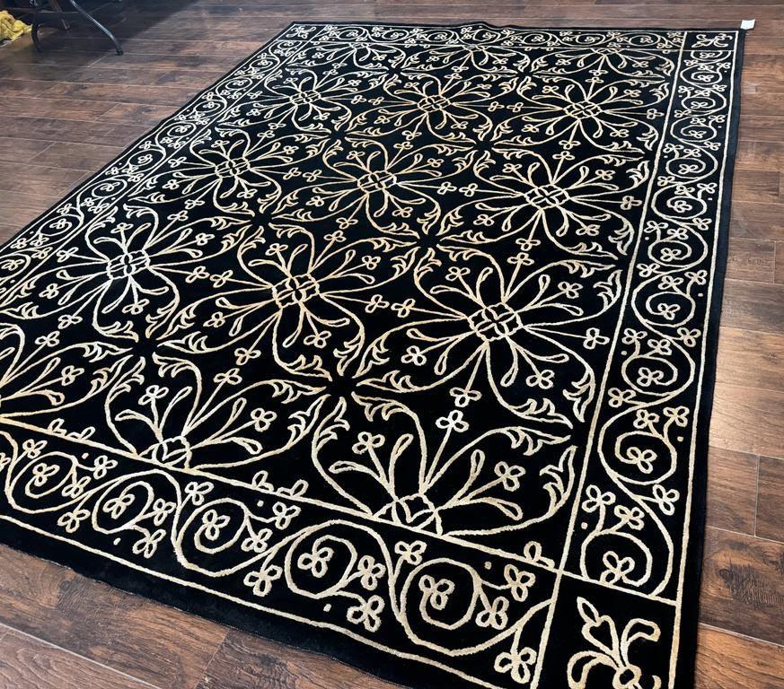 Tibetan Rug 8x10, Wool and Silk, Raised Pattern, Black and Gold, Floral - Nuvé