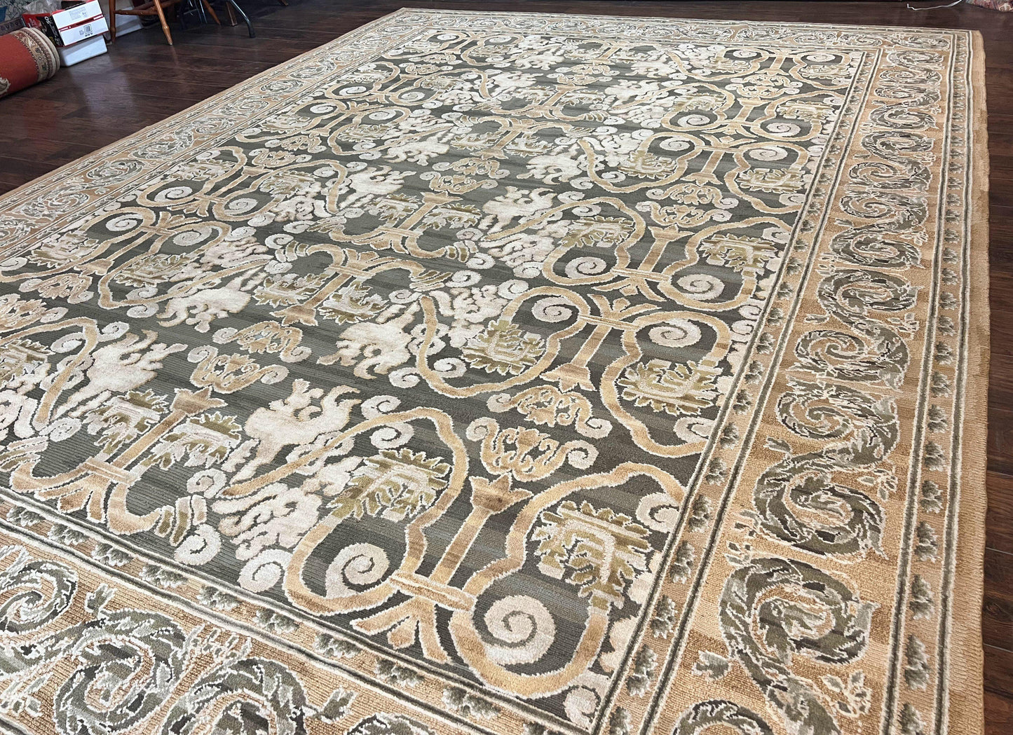 Spanish Rug 11x14, Wool Hand Knotted Vintage Carpet, Olive Green and Beige, Floral Allover, European Design, 11 x 14 Rug - Nuvé
