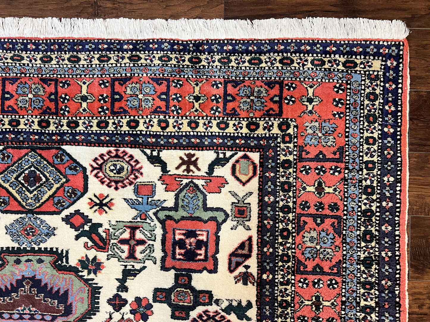 Persian Tribal Rug 8x11, Persian Ardabil Rug, Geometric Medallion Animal Pictorial Rug, Ivory Red Blue, Hand Knotted Vintage Wool Carpet - Nuvé