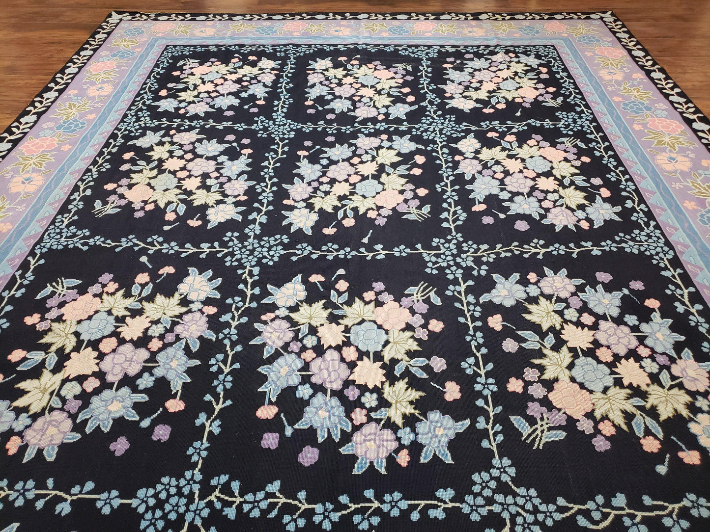 Chinese Needlepoint Rug 8 x 11.4, Hand-Woven Area Carpet, Flatweave Rug, Black Blue Light Violet Floral Garden European Design Wool Aubusson - Nuvé