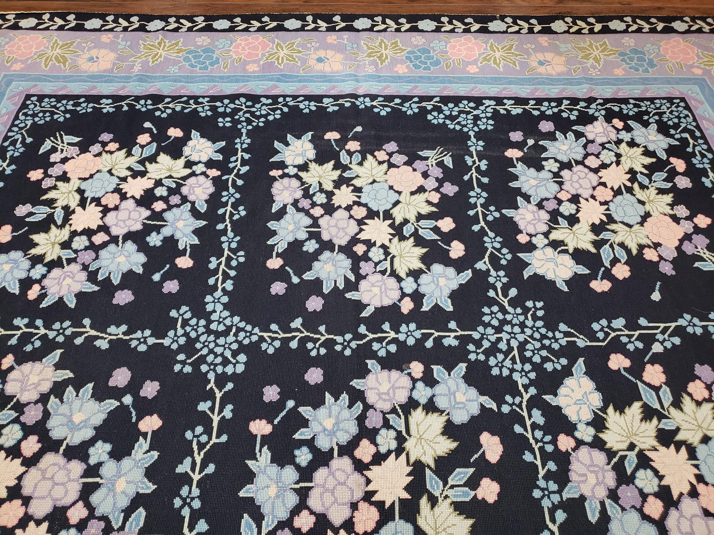 Chinese Needlepoint Rug 8 x 11.4, Hand-Woven Area Carpet, Flatweave Rug, Black Blue Light Violet Floral Garden European Design Wool Aubusson - Nuvé