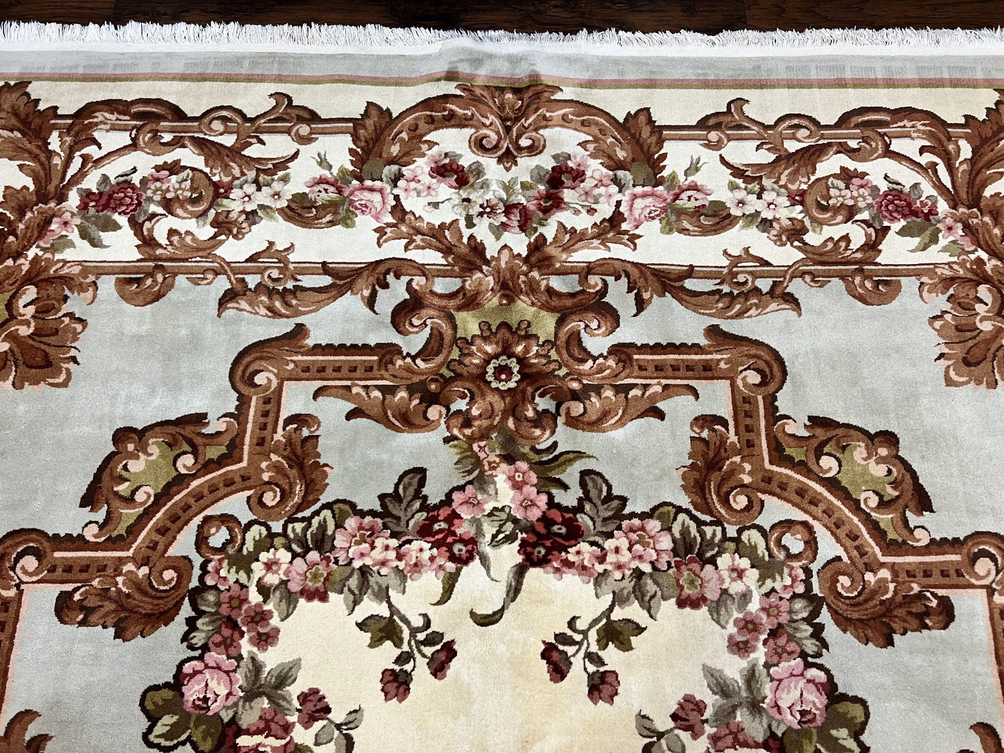 Aubusson Rug 10x13, Cream and Light Mint Green Hand Knotted Handmade French Savonnerie European Carpet, Wool Pile, Large Room Sized Vintage - Nuvé